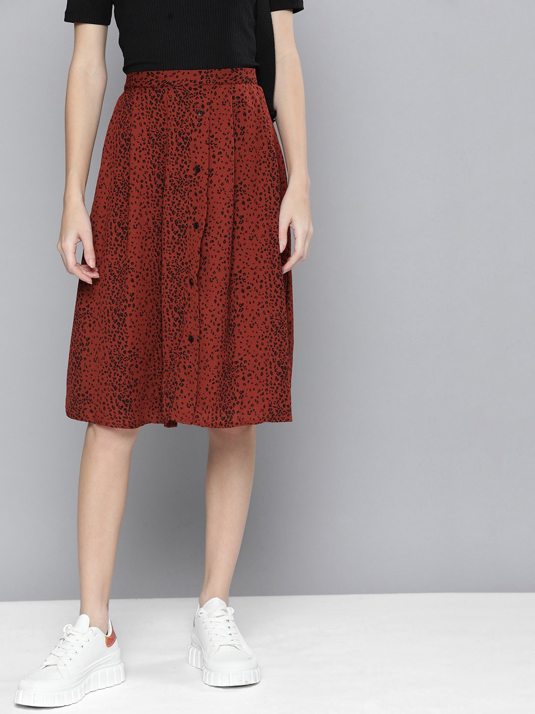 

HERE&NOW Animal Printed Pleated Flared A-Line Skirt, Red