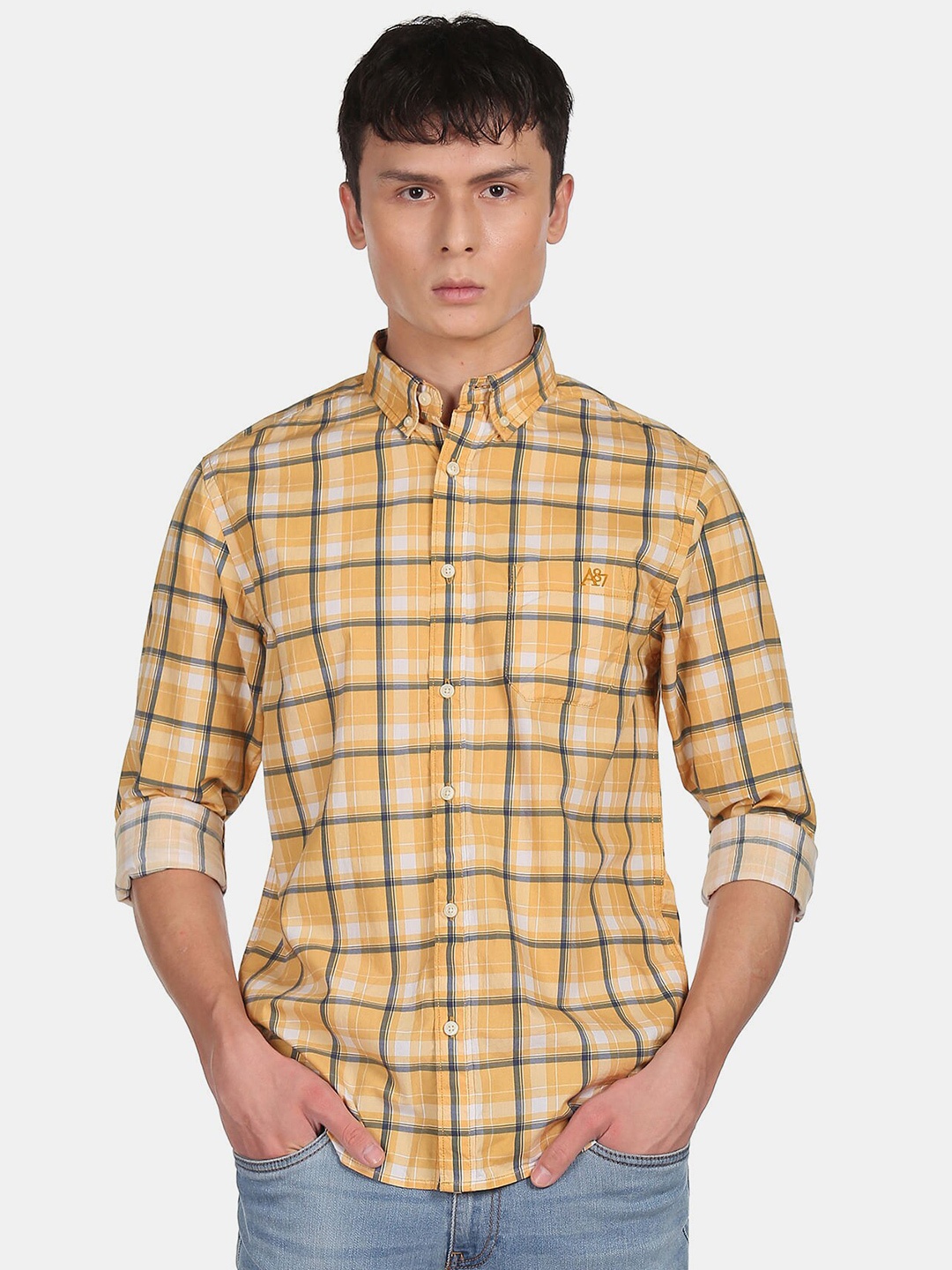 

Aeropostale Men Yellow Tartan Checks Checked Casual Shirt