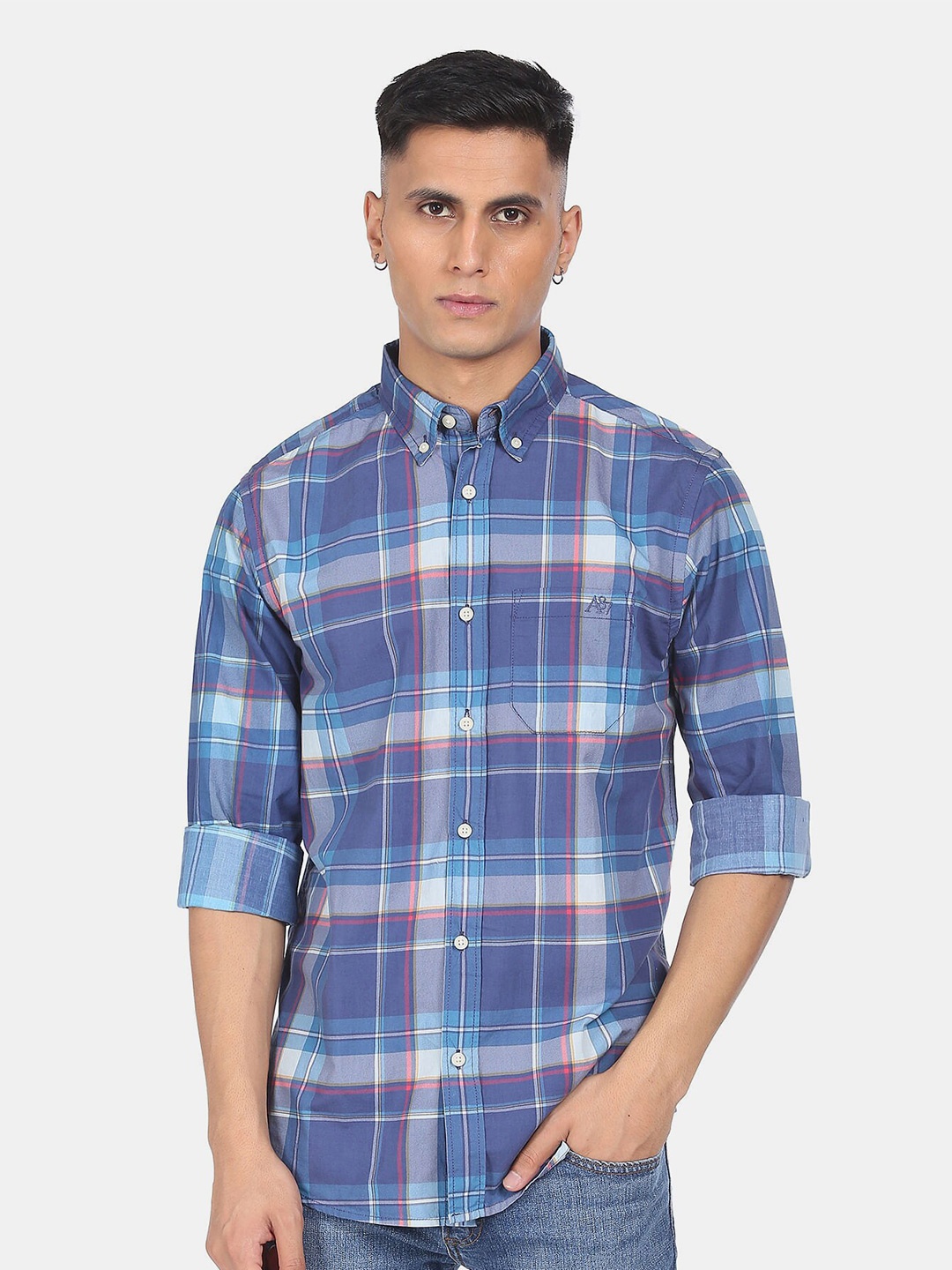 

Aeropostale Men Blue Tartan Checks Checked Casual Shirt