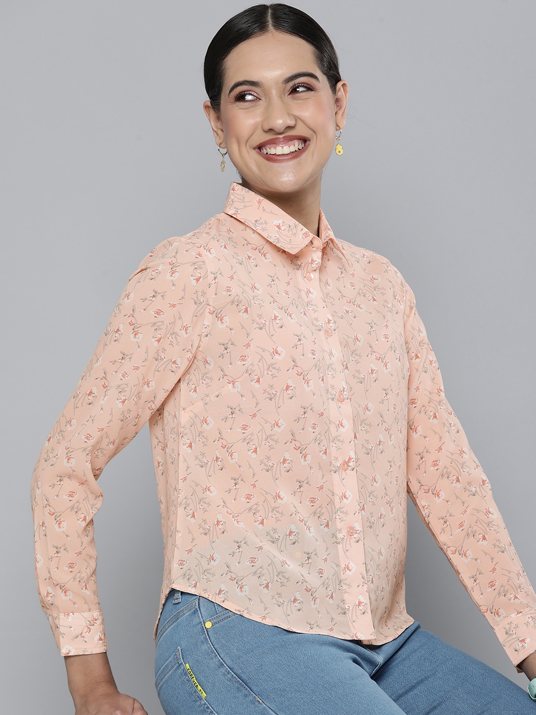 

HERE&NOW Women Peach-Coloured Tropical Printed Casual Shirt