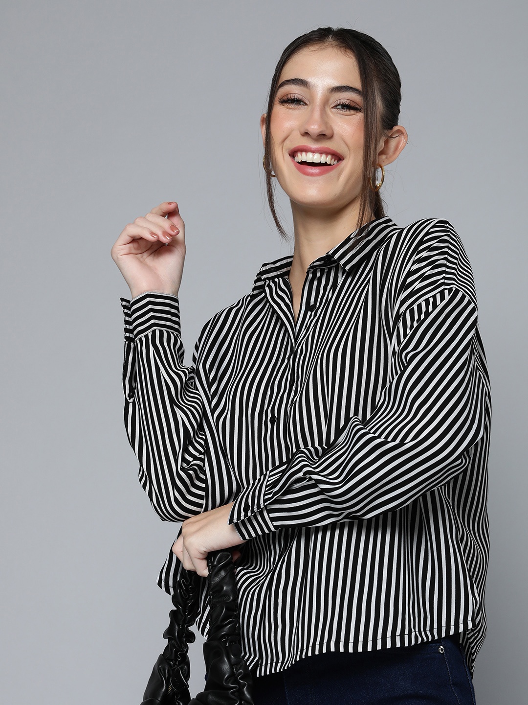 

HERE&NOW Women Boxy fit Striped Long Sleeves Casual Shirt, Black