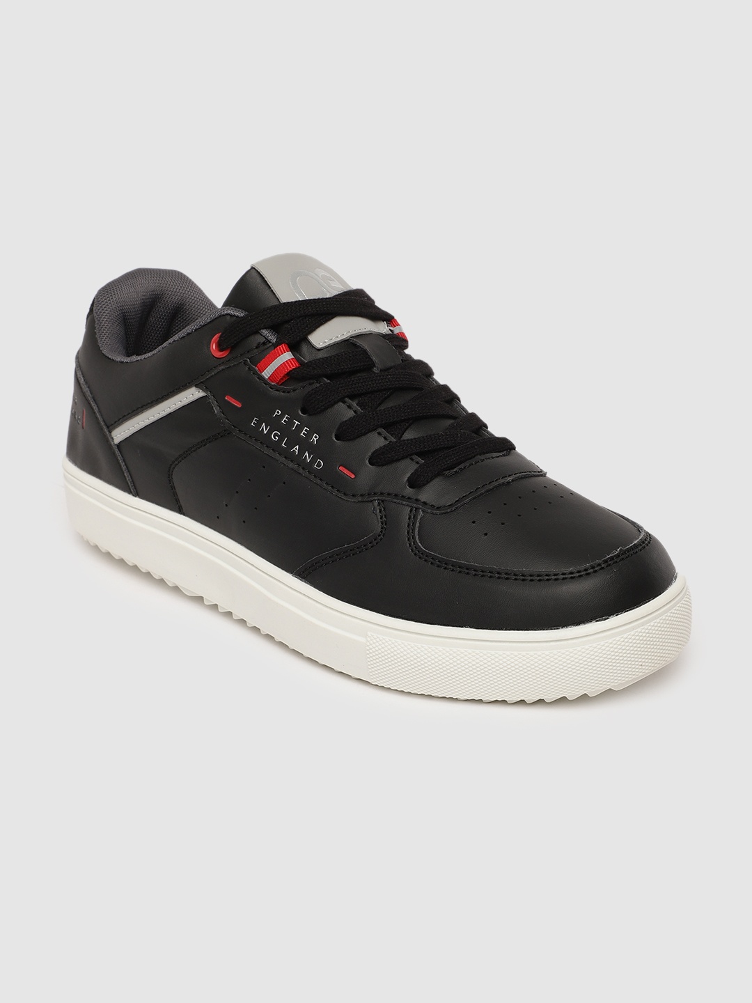 

Peter England Men Black Solid Regular Sneakers with Perforations Detail