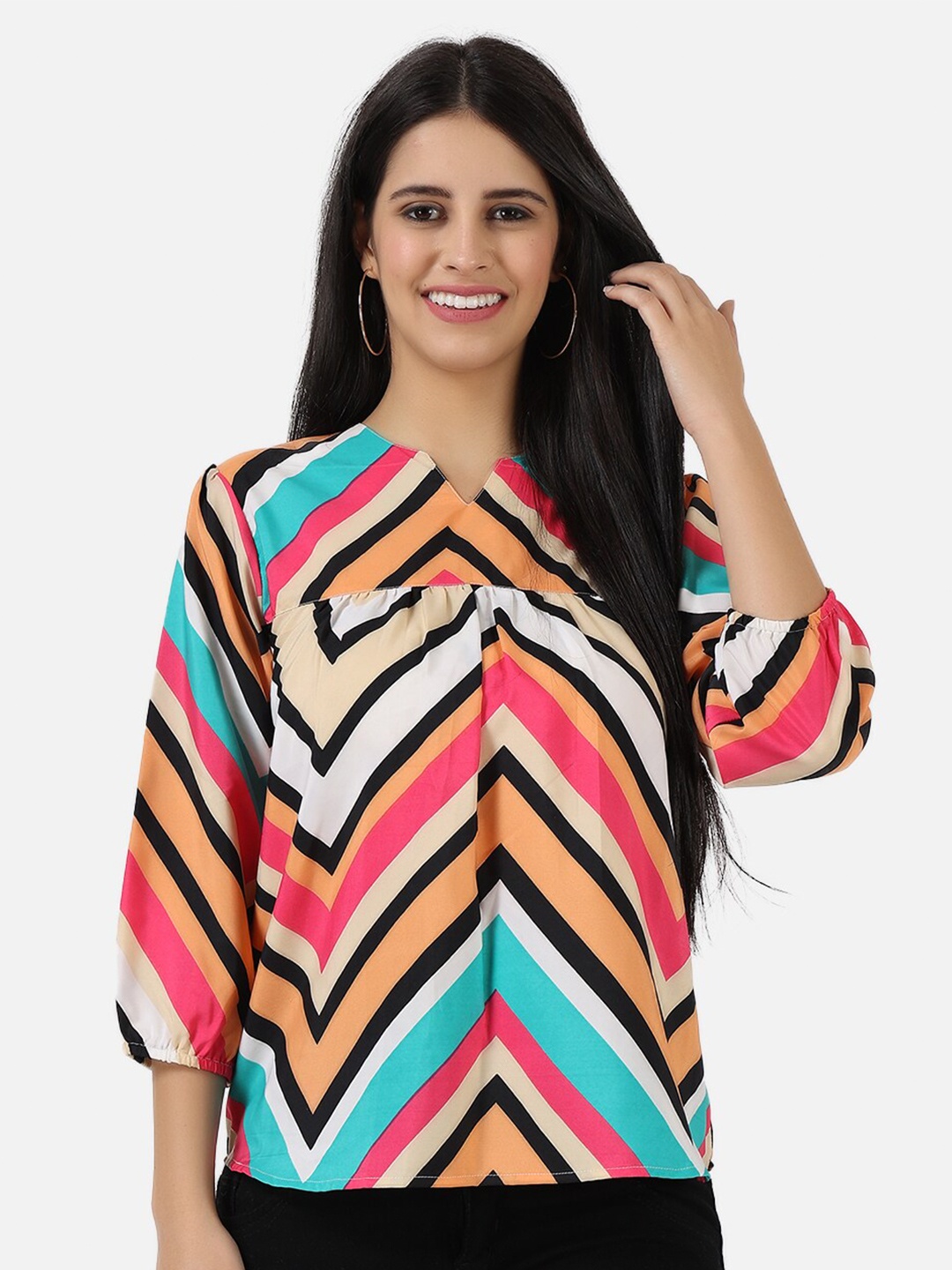 

Frempy Multicoloured Print Mandarin Collar Crepe Top, Multi