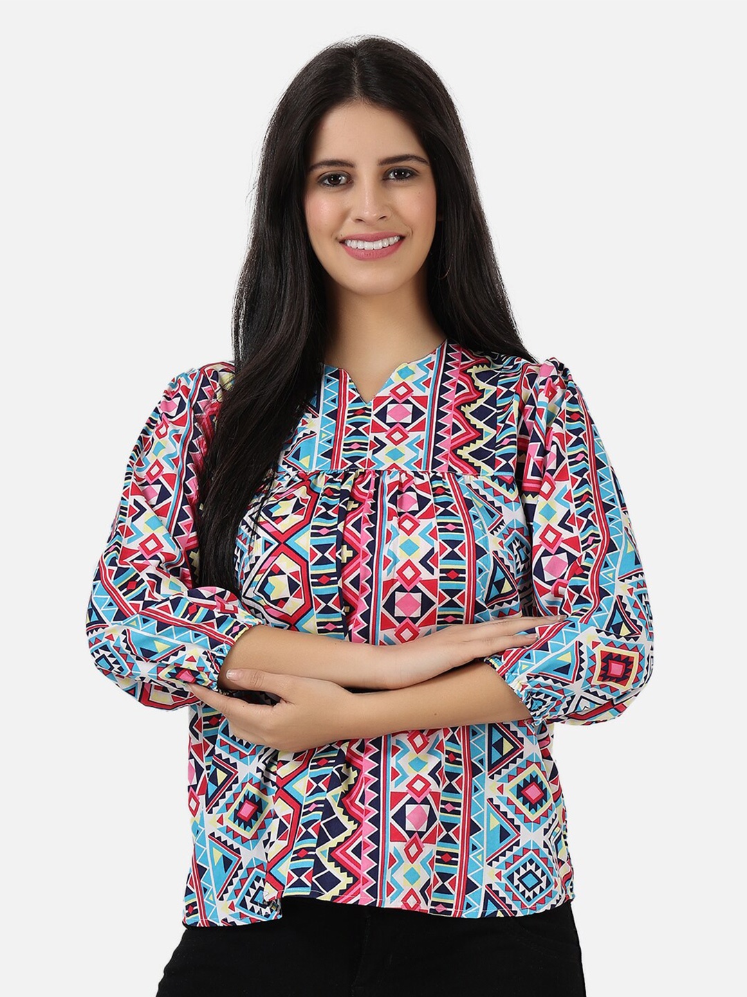 

Frempy Multicoloured & dark sapphire Print Mandarin Collar Crepe Top, Multi