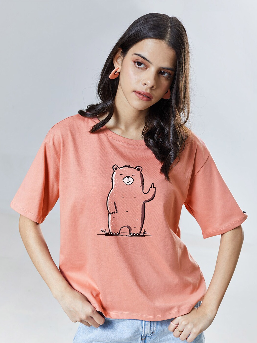 

The Souled Store Women Pink & salmon rose Typography Printed Oversized Oversized T-shirt