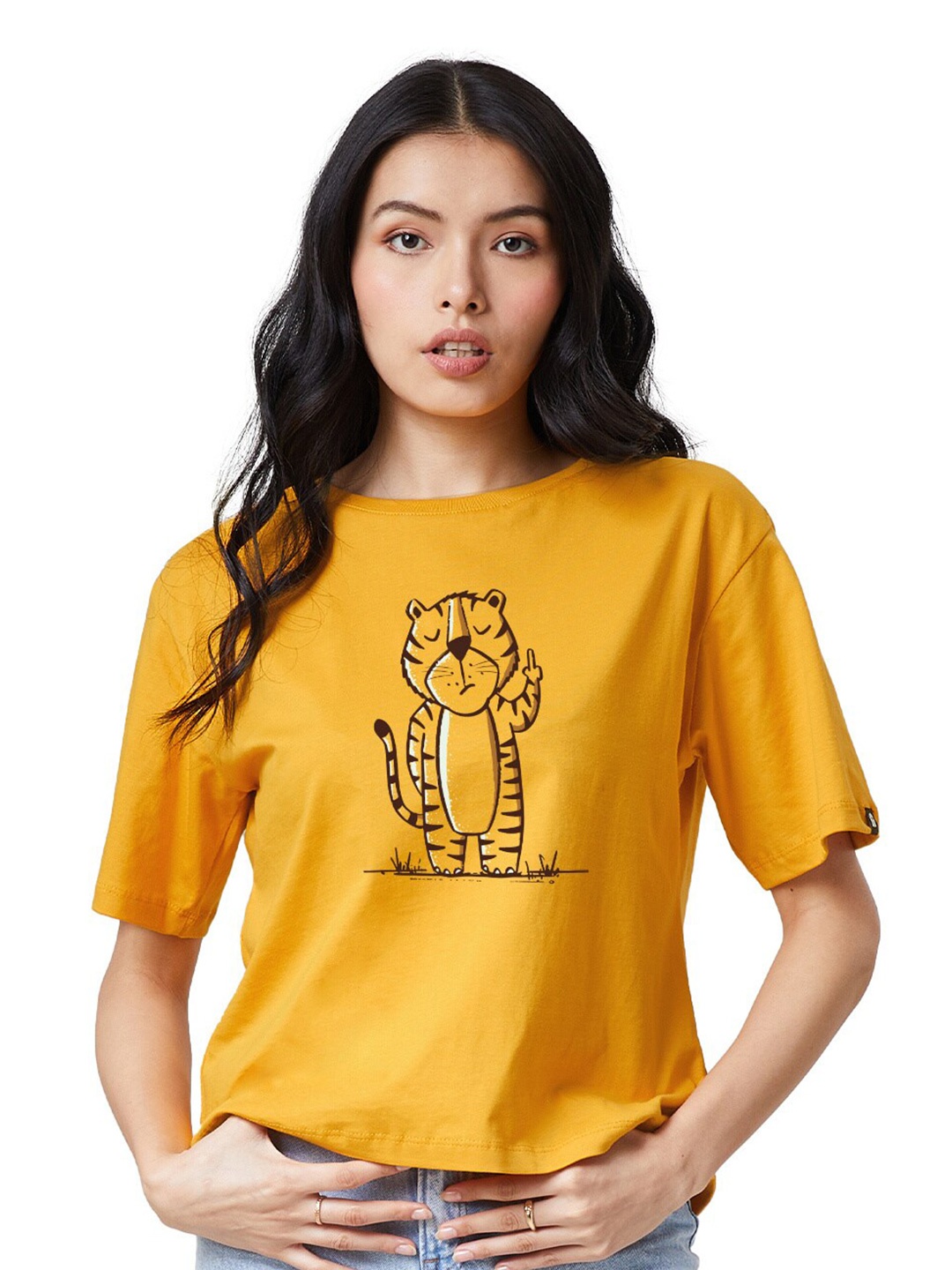 

The Souled Store Women Mustard Yellow Printed Oversized T-shirt