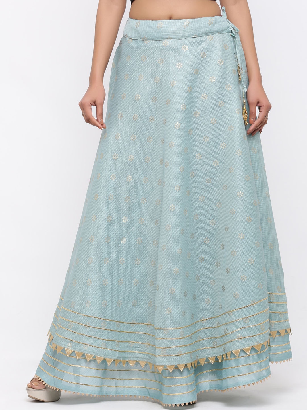

SOUNDARYA Women Turquoise Blue & Golden Printed Cotton Kota Doriya Skirt