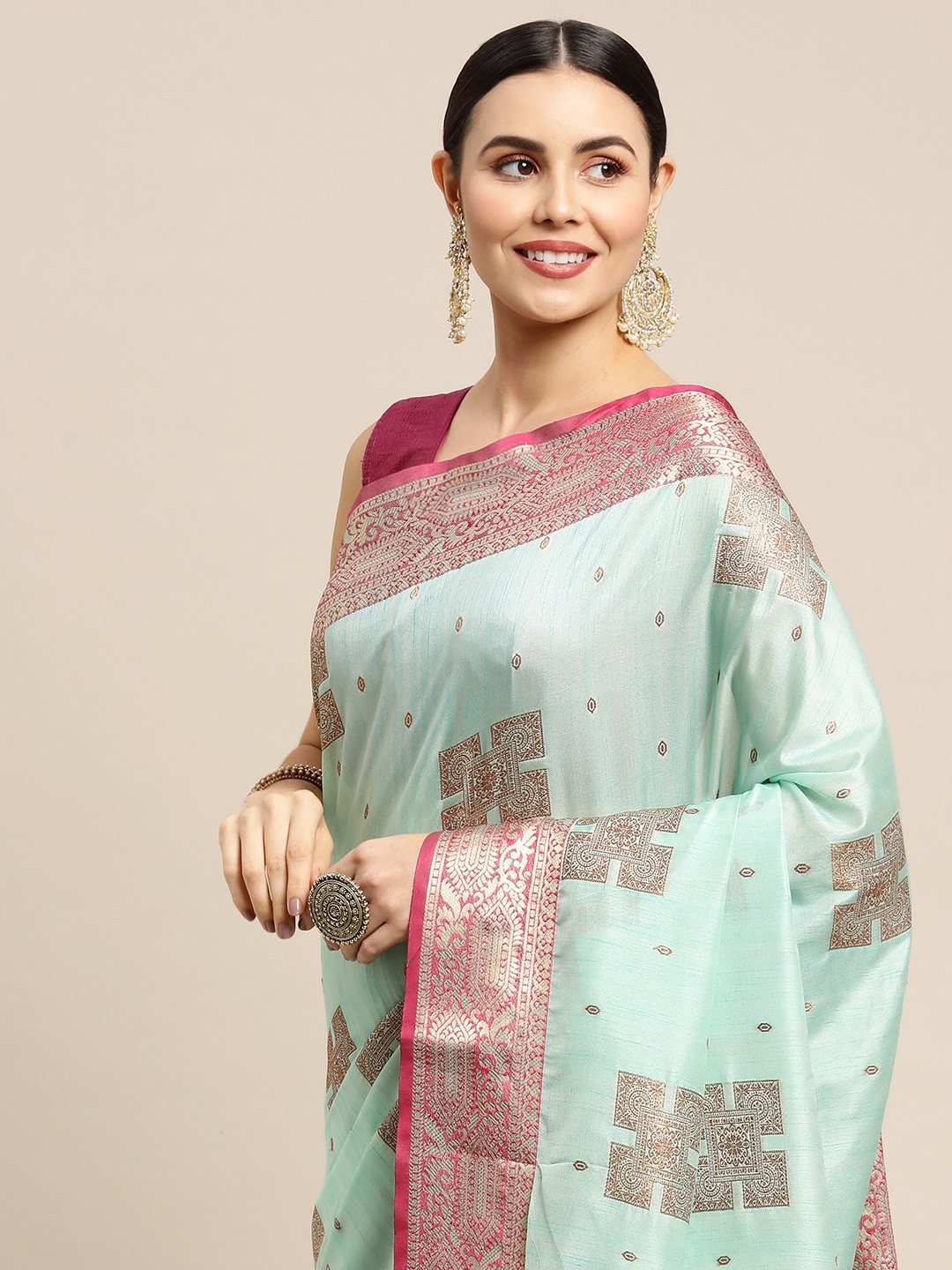 

elora Blue & Gold Ethnic Motifs Silk Blend Celebrity Banarasi Saree