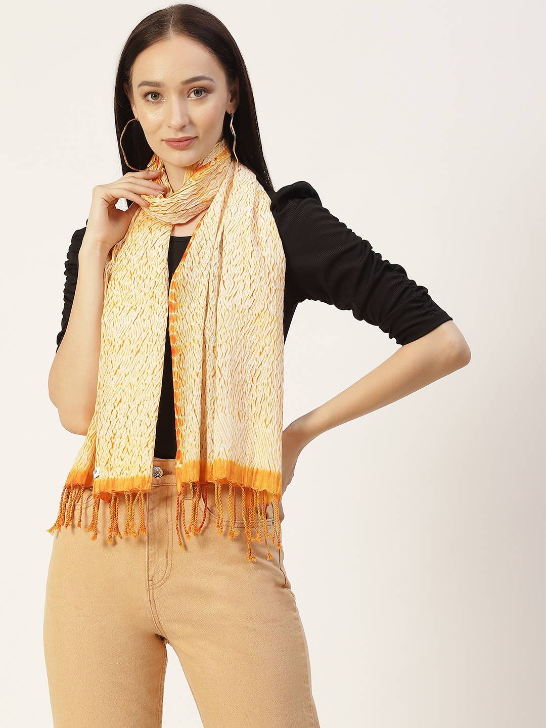 

ArtEastri Women Orange & Cream-Coloured Woven Shibori Cotton Stole