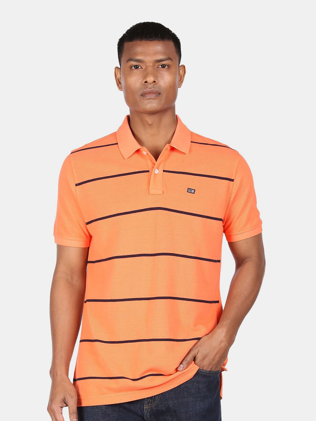 

Arrow Sport Men Orange Striped Polo Collar Applique T-shirt