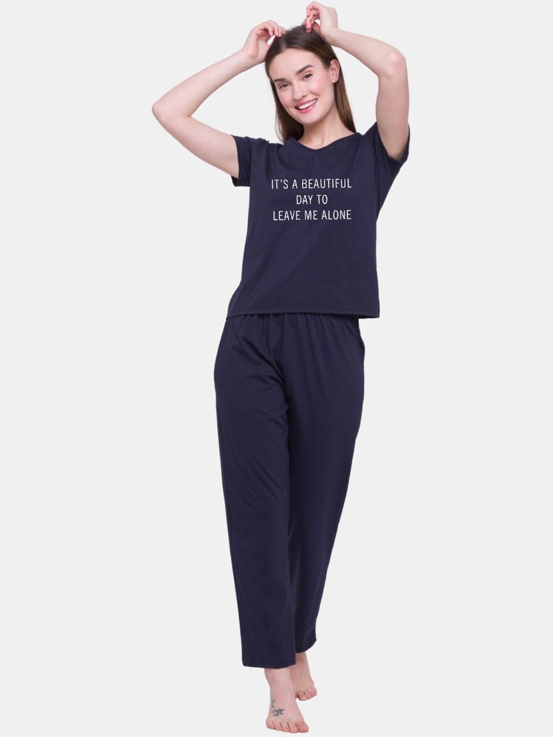 

Candyskin Women Navy Blue & White Printed Night suit