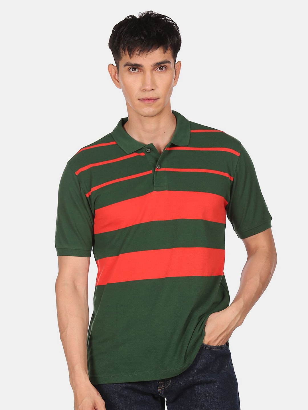 

Ruggers Men Green Striped Polo Collar Applique T-shirt