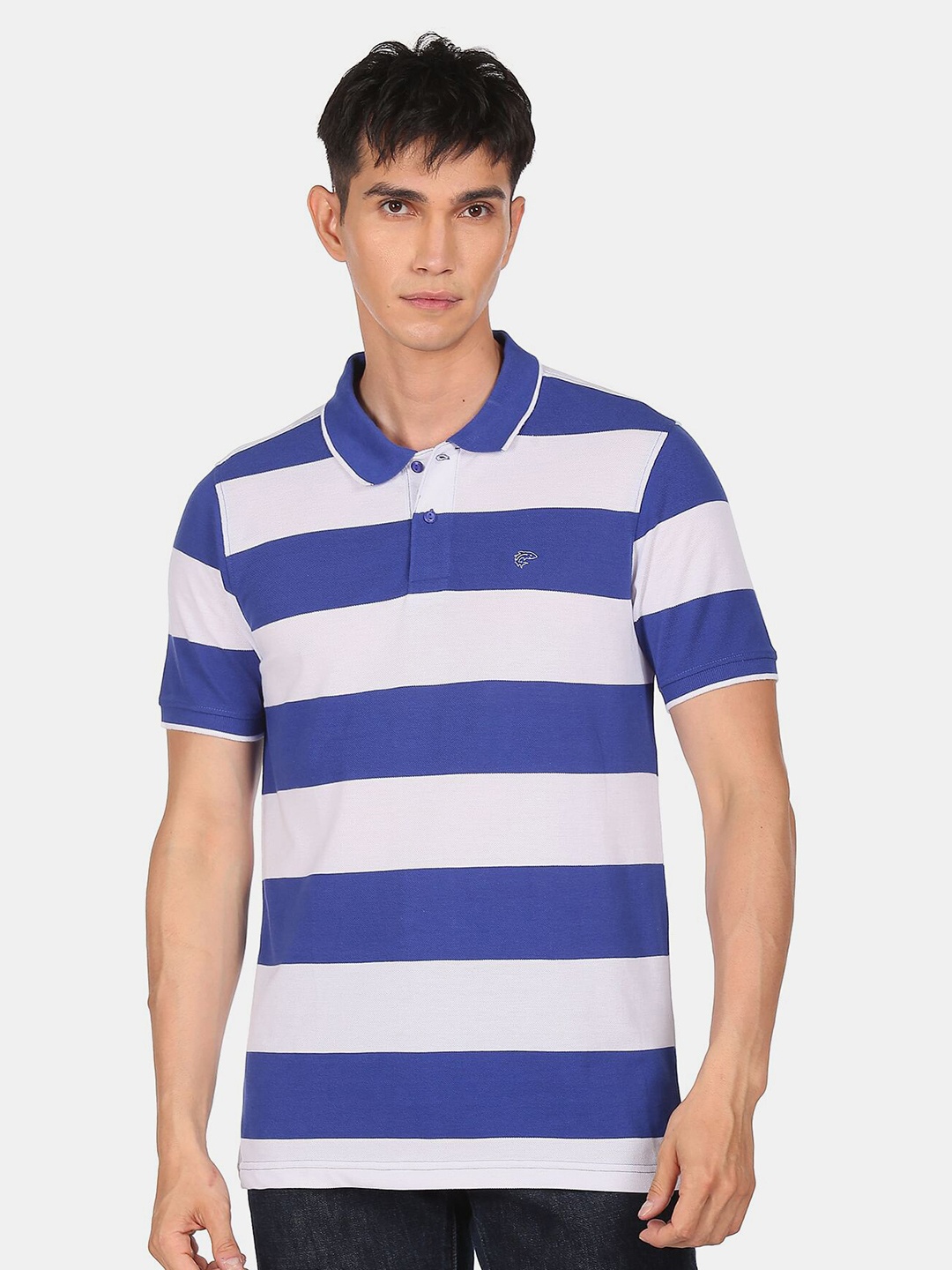 

Ruggers Men Blue Striped Polo Collar T-shirt