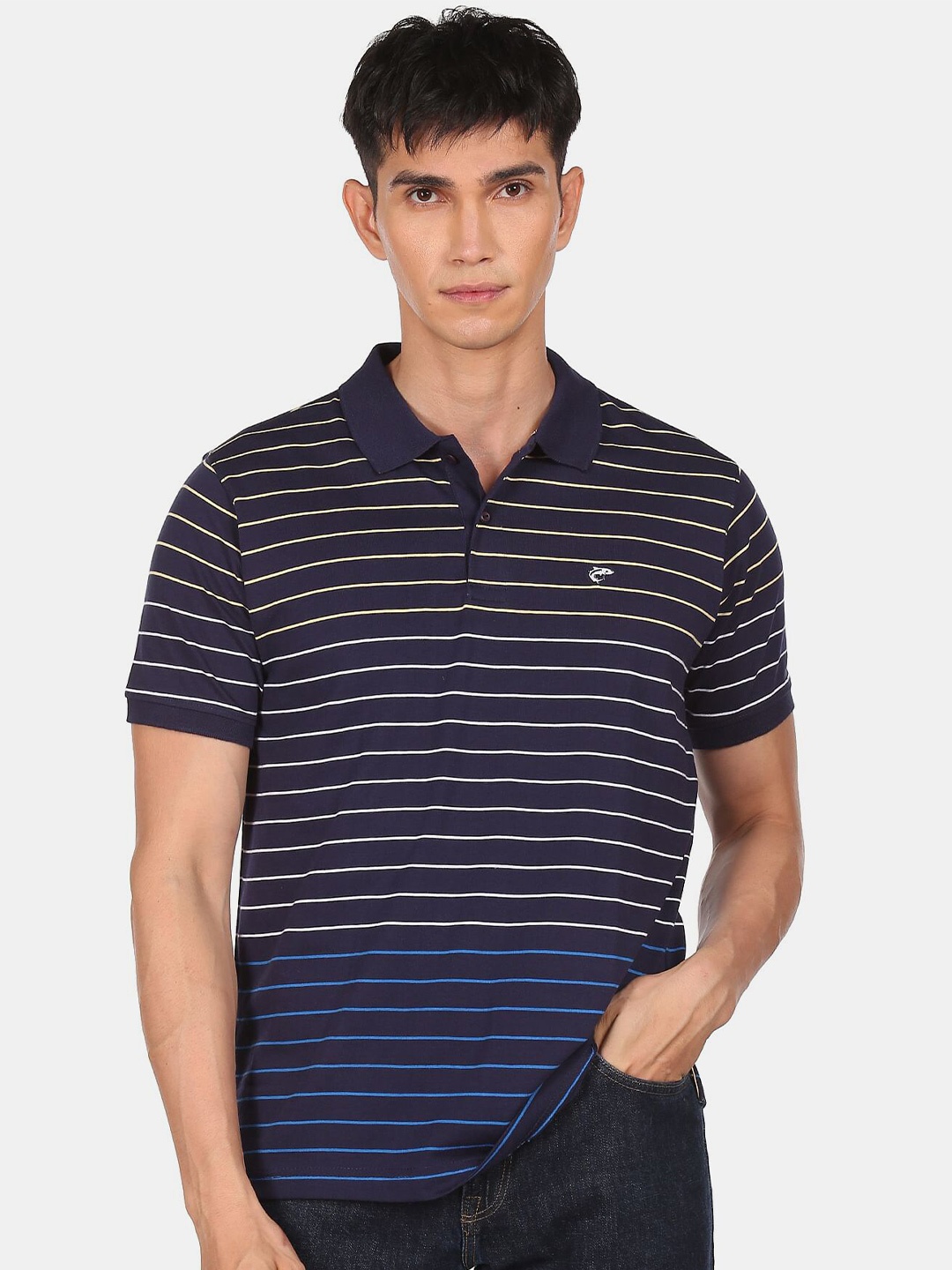 

Ruggers Men Blue & carbon Striped Polo Collar T-shirt