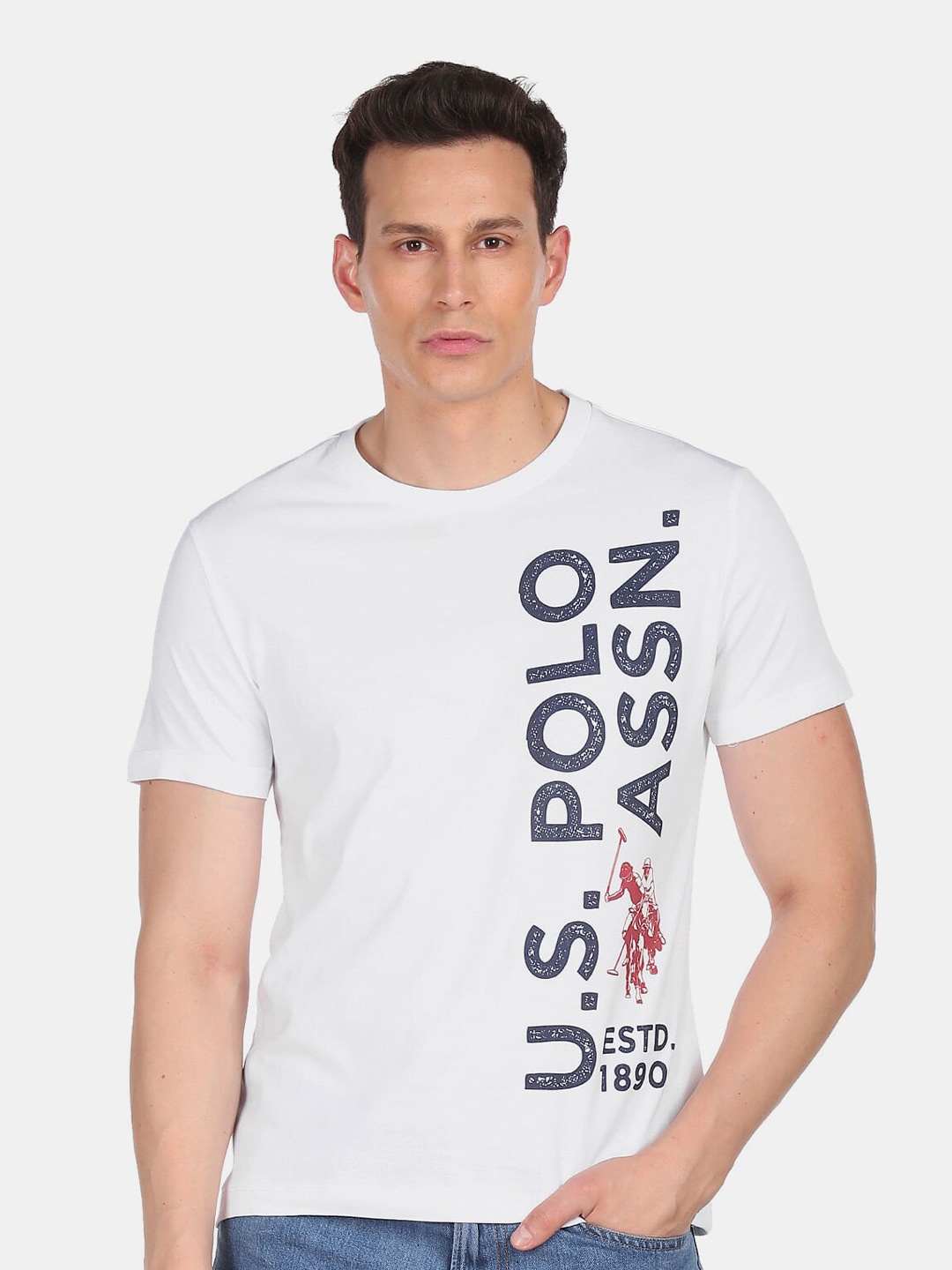 

U.S. Polo Assn. Denim Co.Men White & bright gray Typography Printed V-Neck Raw Edge T-shirt
