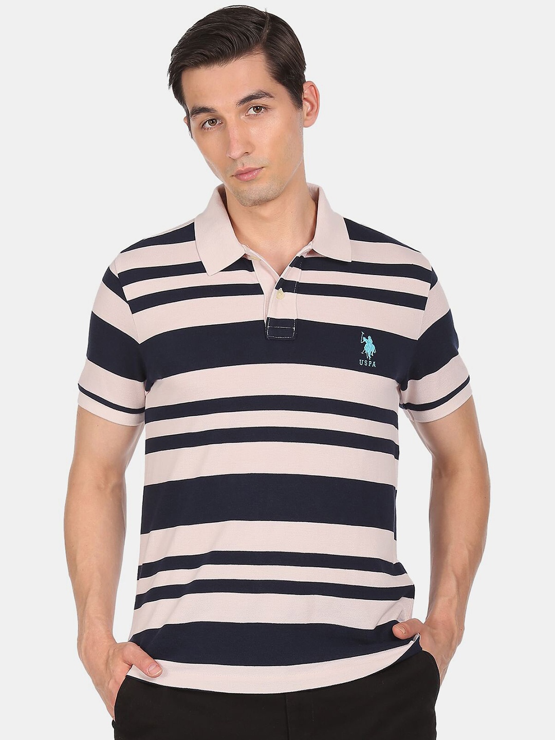 

U S Polo Assn Men Pink Striped Polo Collar Monochrome Applique T-shirt