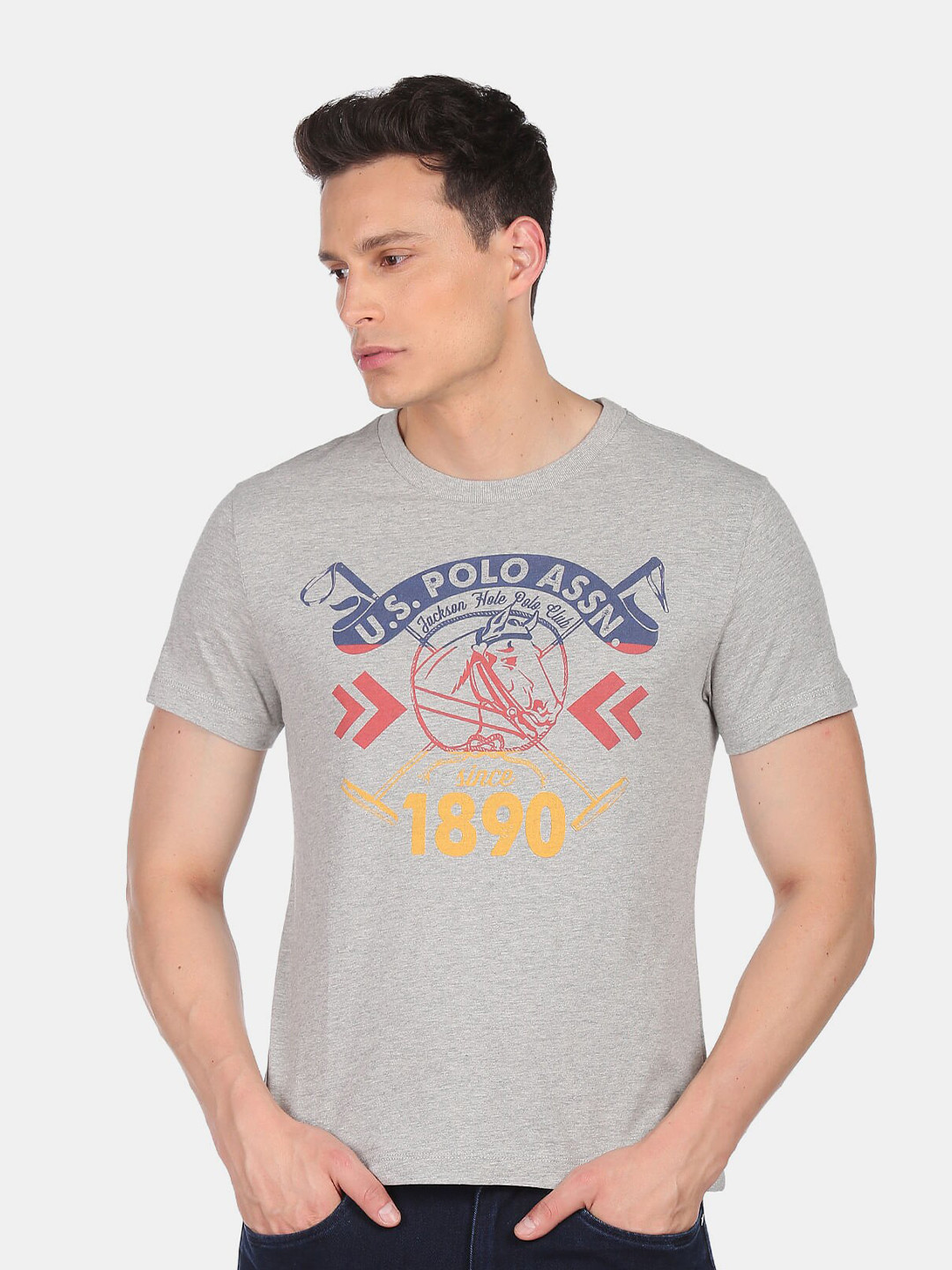 

U.S. Polo Assn. Denim Co.Men Grey Typography Printed Raw Edge T-shirt
