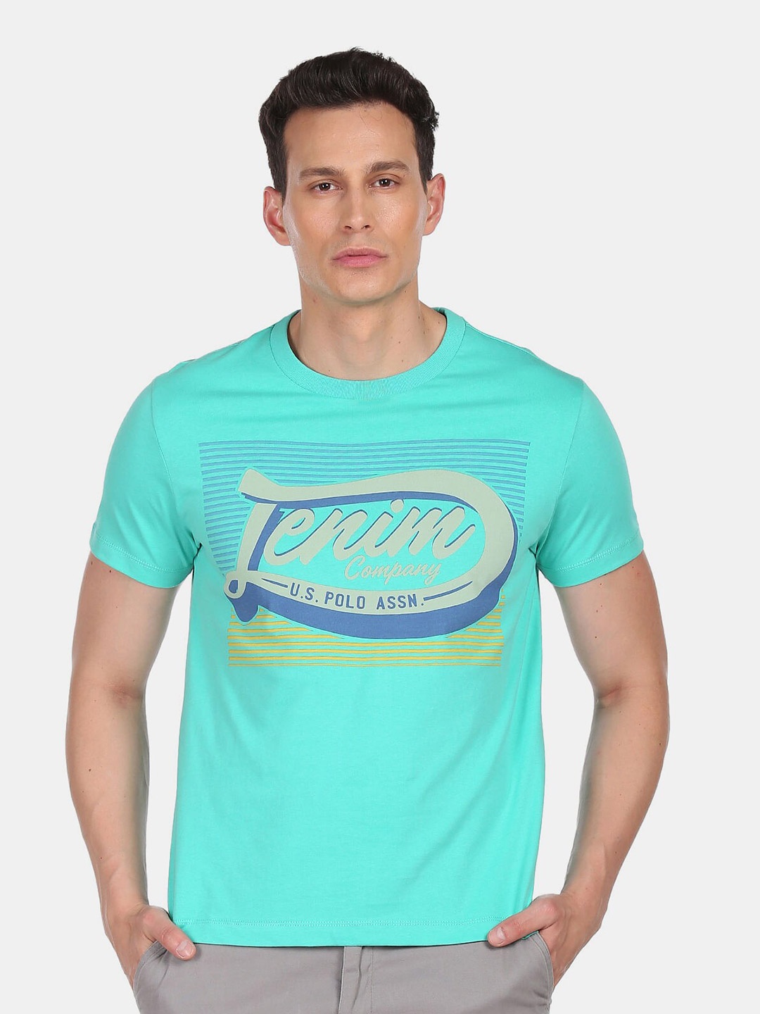 

U.S. Polo Assn. Denim Co.Men Green & turquoise Typography Printed T-shirt