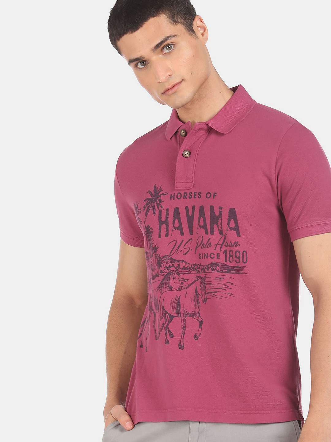 

U.S. Polo Assn. Denim Co.Men Purple & ibis rose Typography Printed Polo Collar T-shirt
