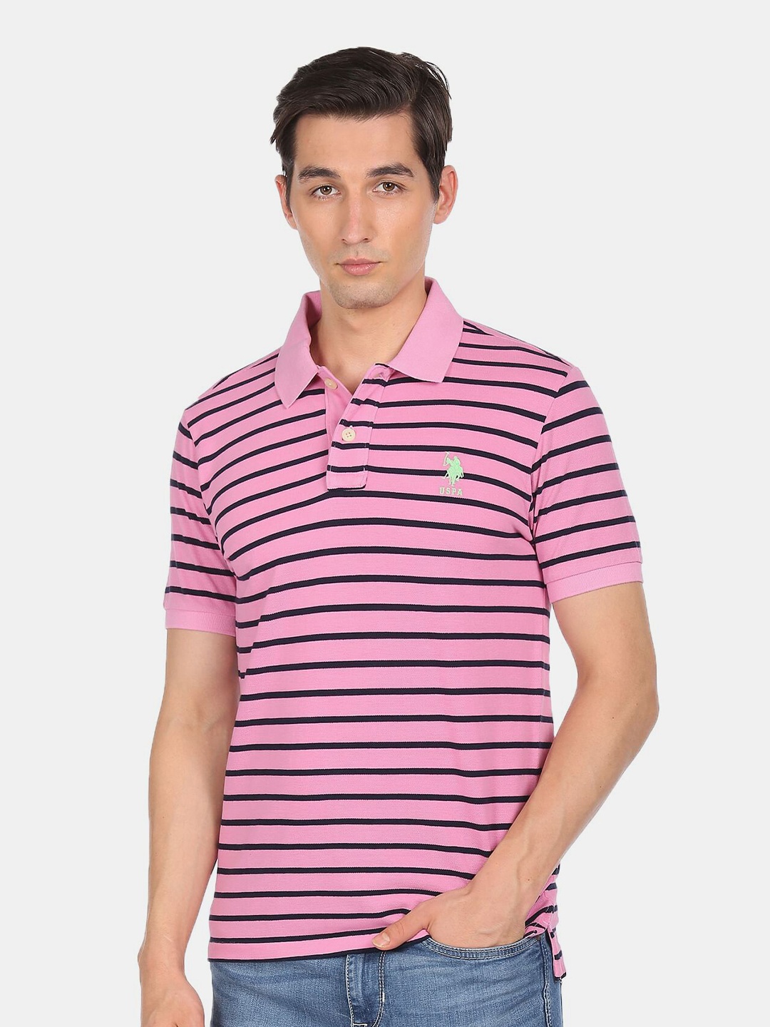 

U S Polo Assn Men Pink Striped Polo Collar Applique T-shirt