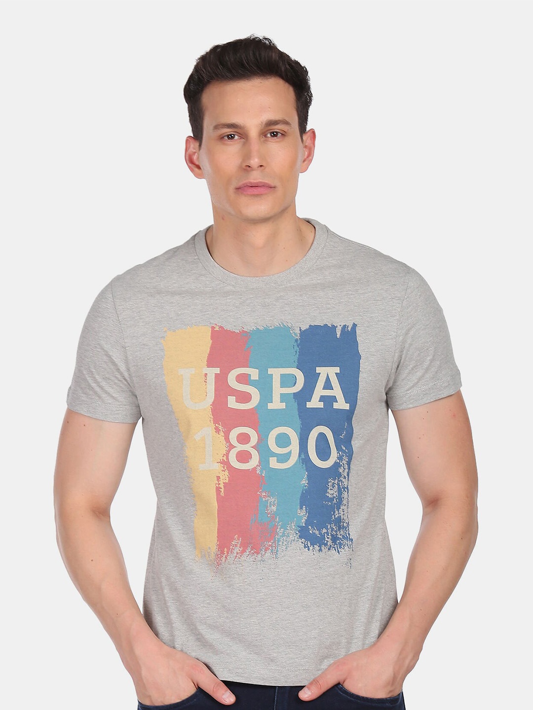 

U.S. Polo Assn. Denim Co.Men Grey & silver gray Typography Printed Raw Edge T-shirt