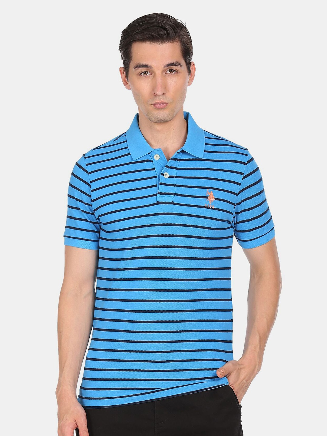 

U S Polo Assn Men Blue Striped Polo Collar T-shirt