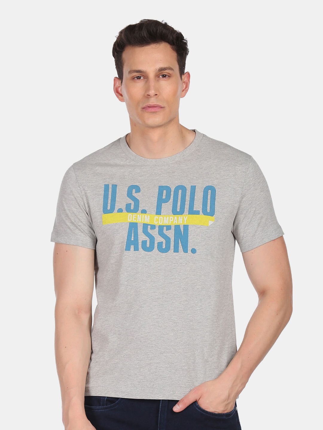U.S. Polo Assn. Denim Co.Men Grey Printed Applique T-shirt