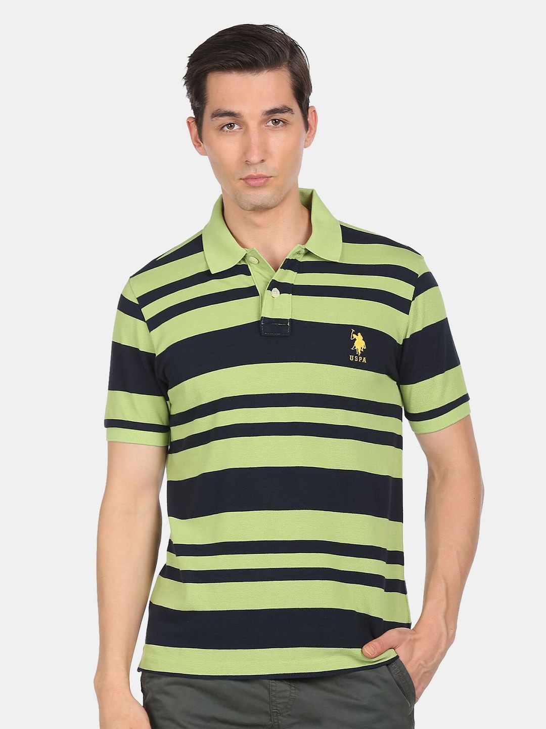 

U S Polo Assn Men Green Striped Polo Collar Applique T-shirt