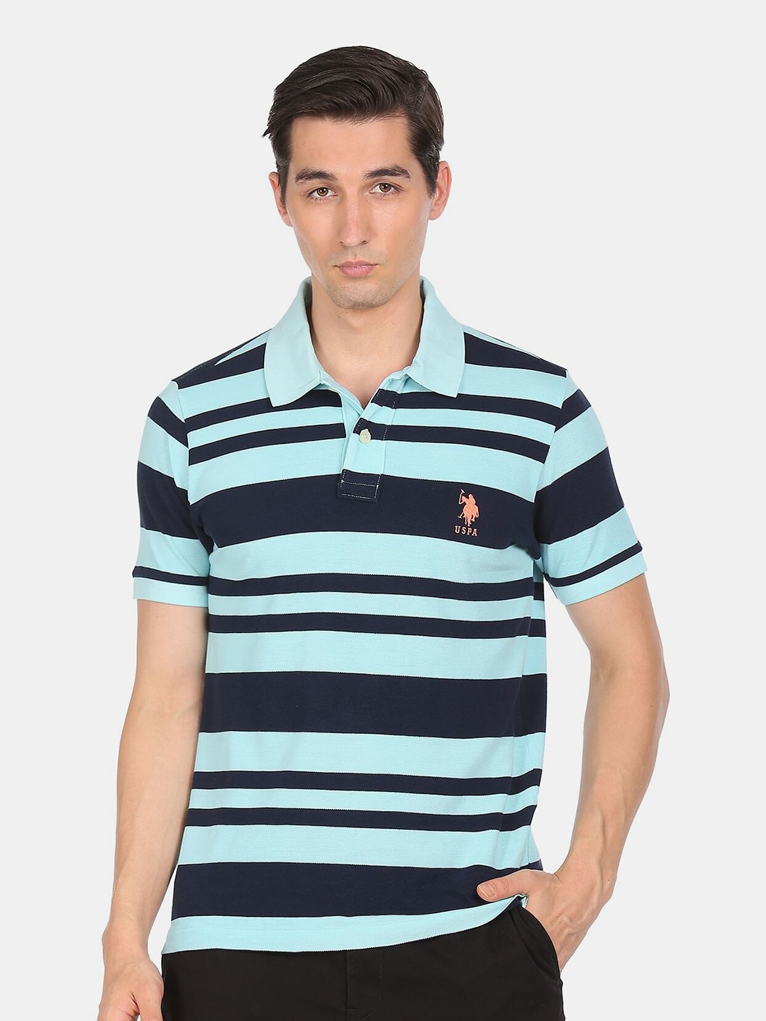 

U S Polo Assn Men Blue Striped Polo Collar Applique T-shirt