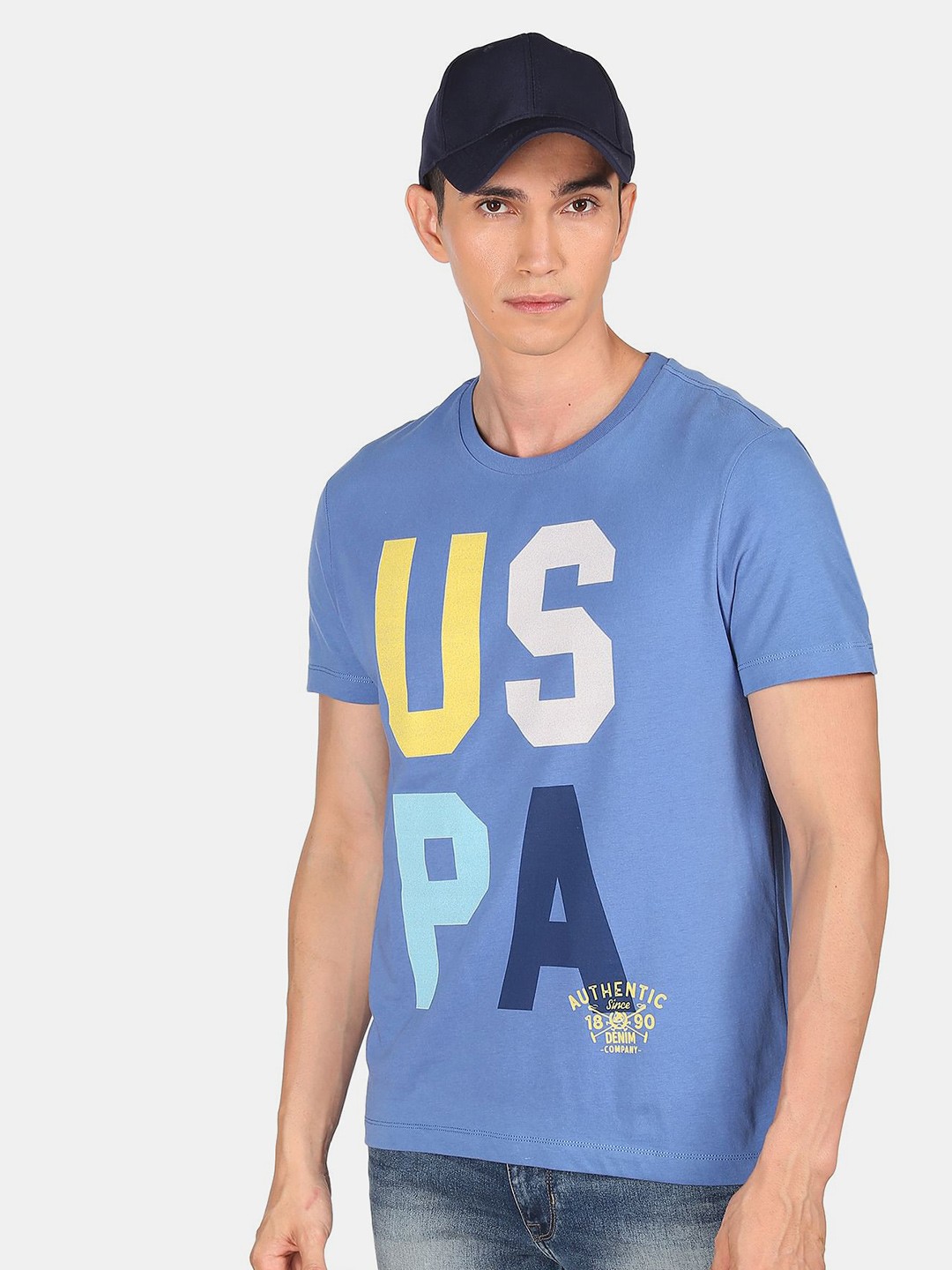 

U.S. Polo Assn. Denim Co.Men Blue Typography Printed Raw Edge T-shirt