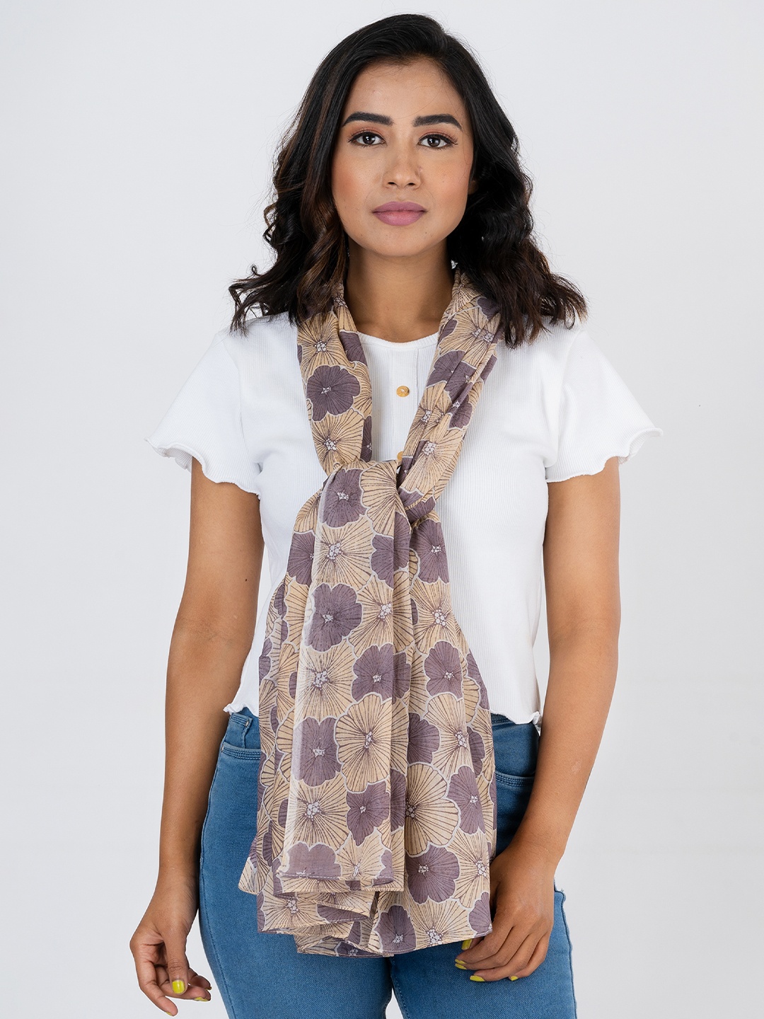 

AQVA Women Beige & Purple Printed Scarf