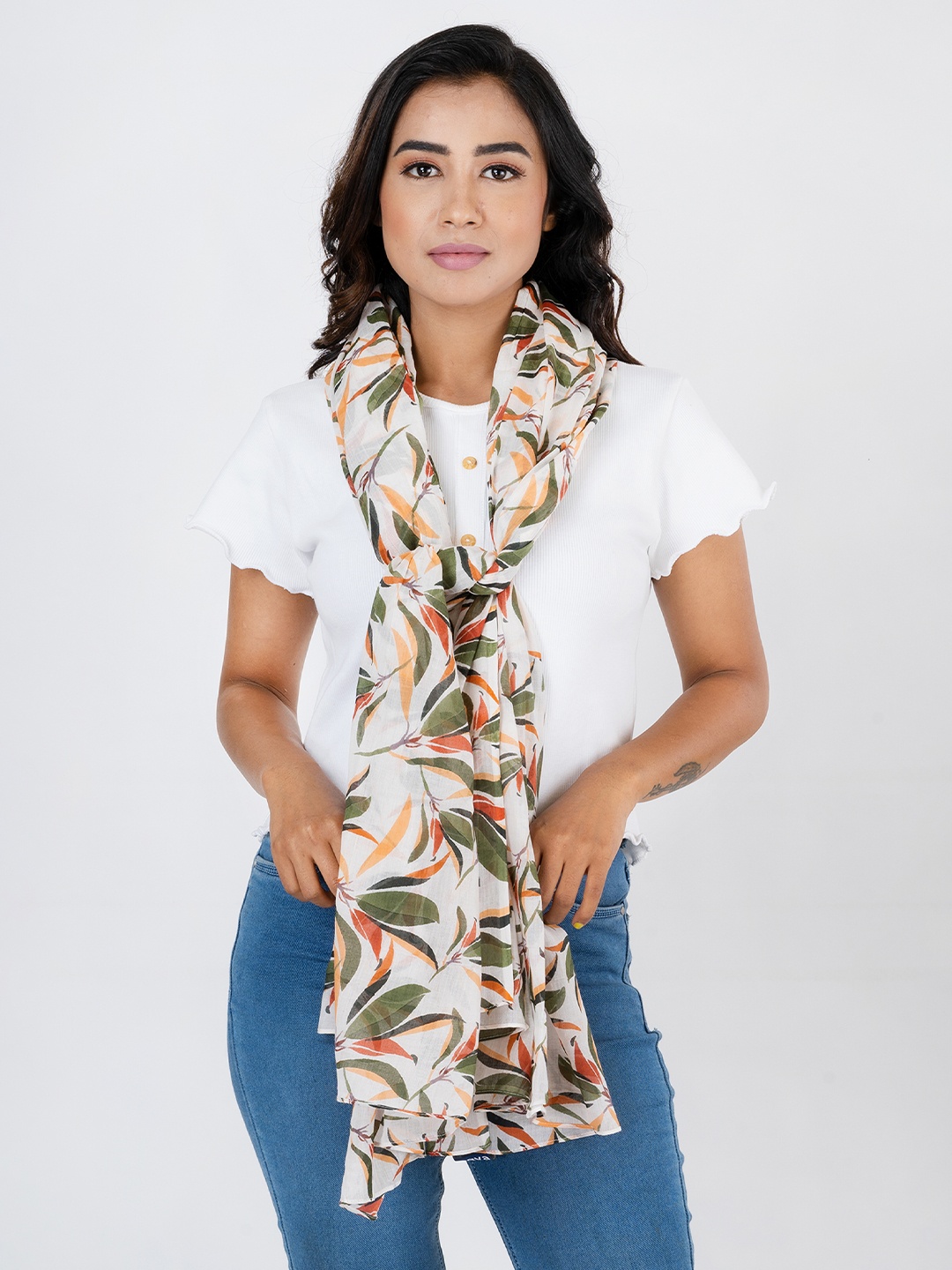

AQVA Women Off White & Green Printed Scarf