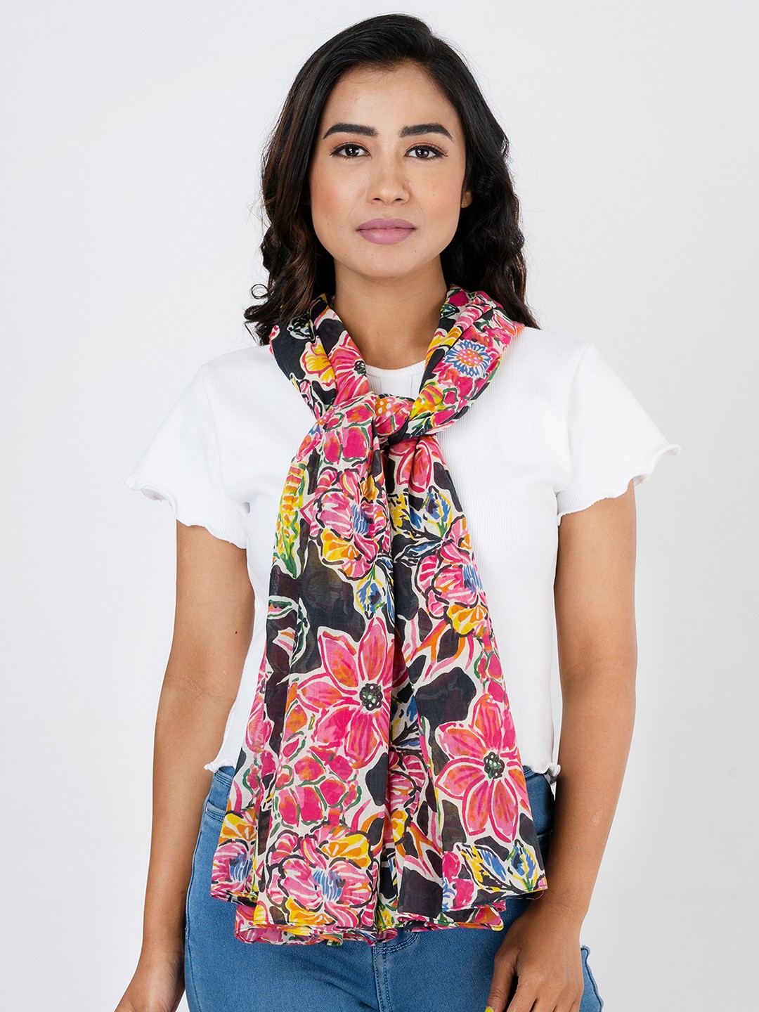 

AQVA Women Charcoal & Pink Printed Scarf