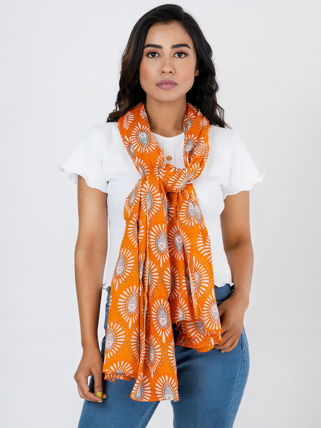 

AQVA Women Orange & White Printed Scarf