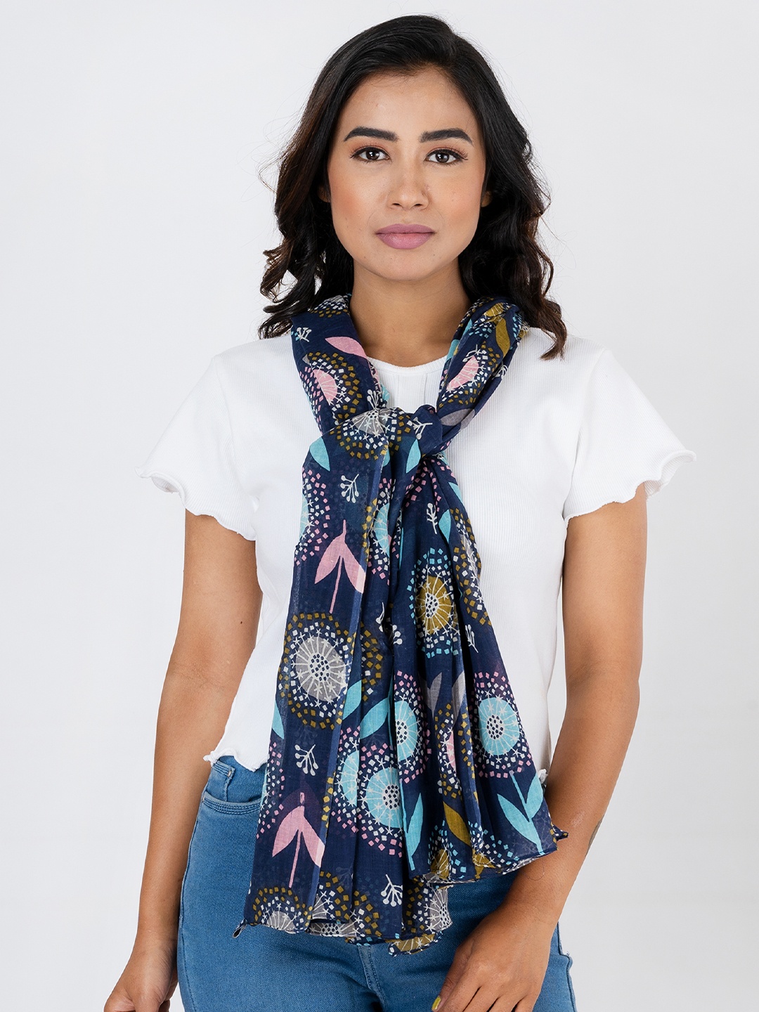 

AQVA Women Navy Blue & Pink Printed Scarf