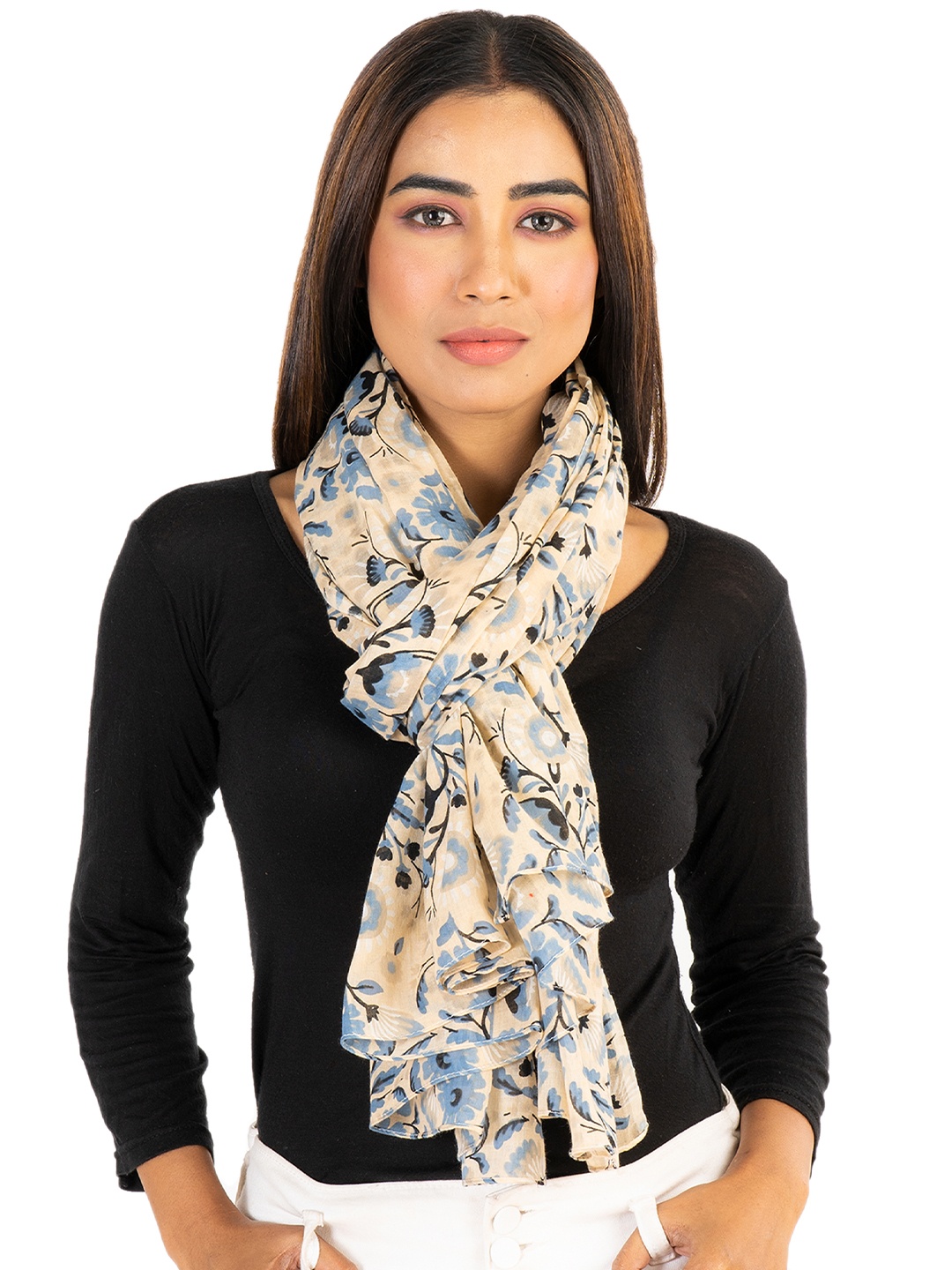 AQVA Women Beige & Blue Printed Scarf