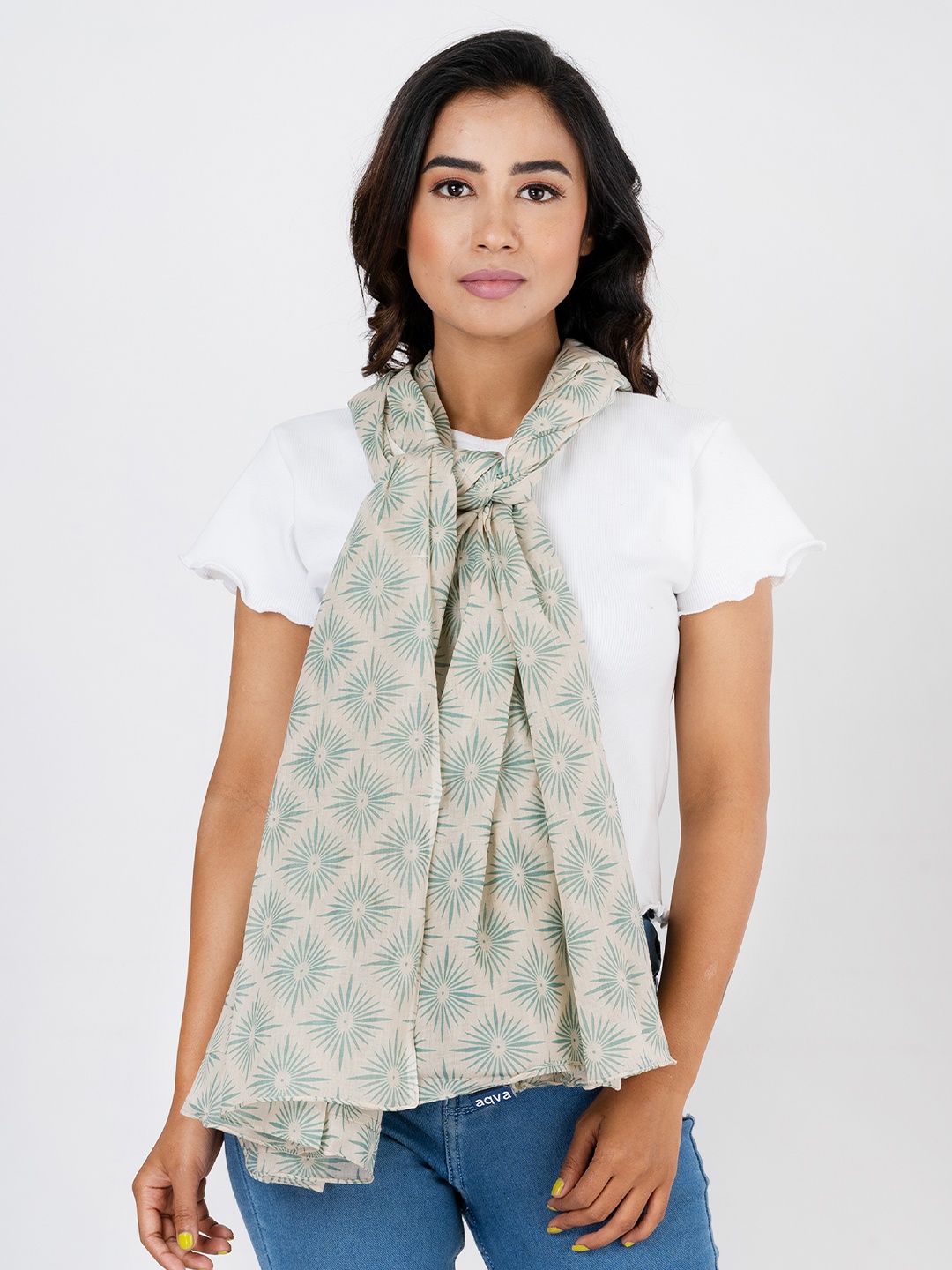 

AQVA Women Grey & Sea Green Printed Scarf
