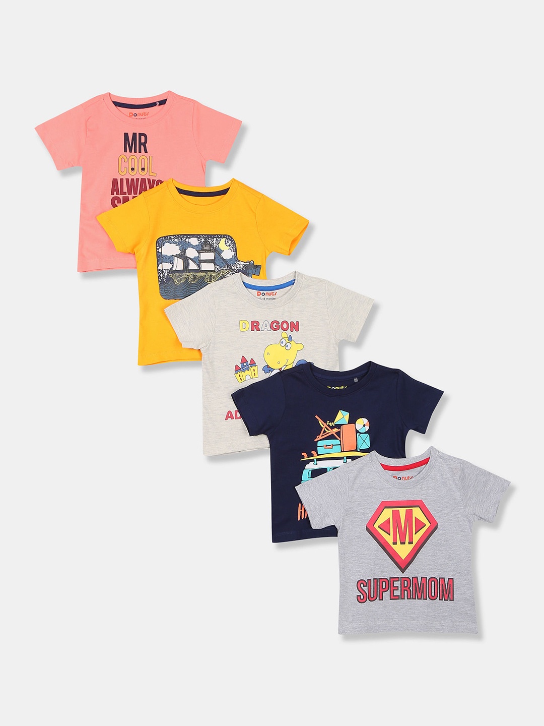 

Donuts Boys Assorted Typography 5 Printed V-Neck Applique T-shirt