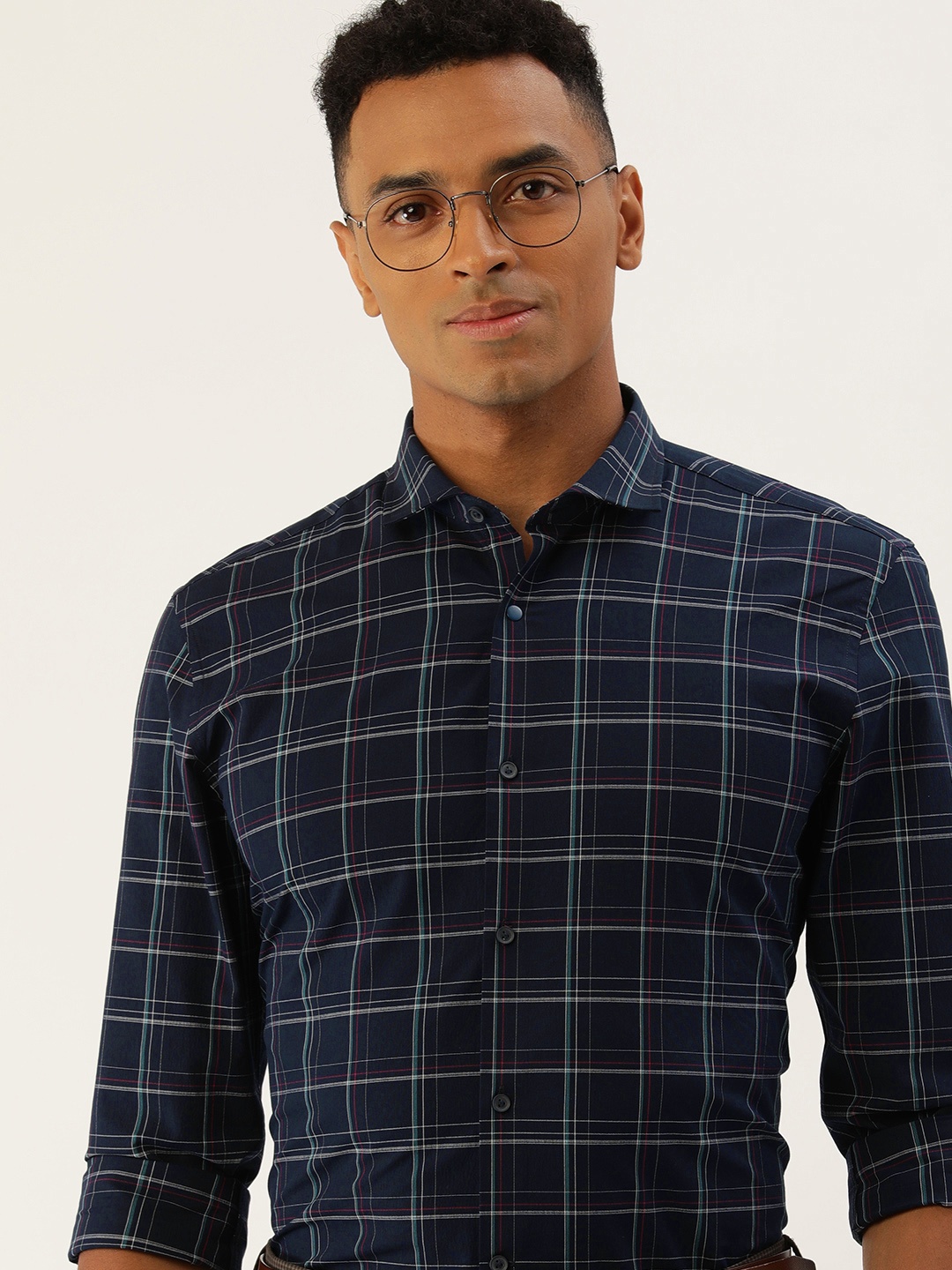 

Peter England Slim Fit Checked Formal Shirt, Navy blue
