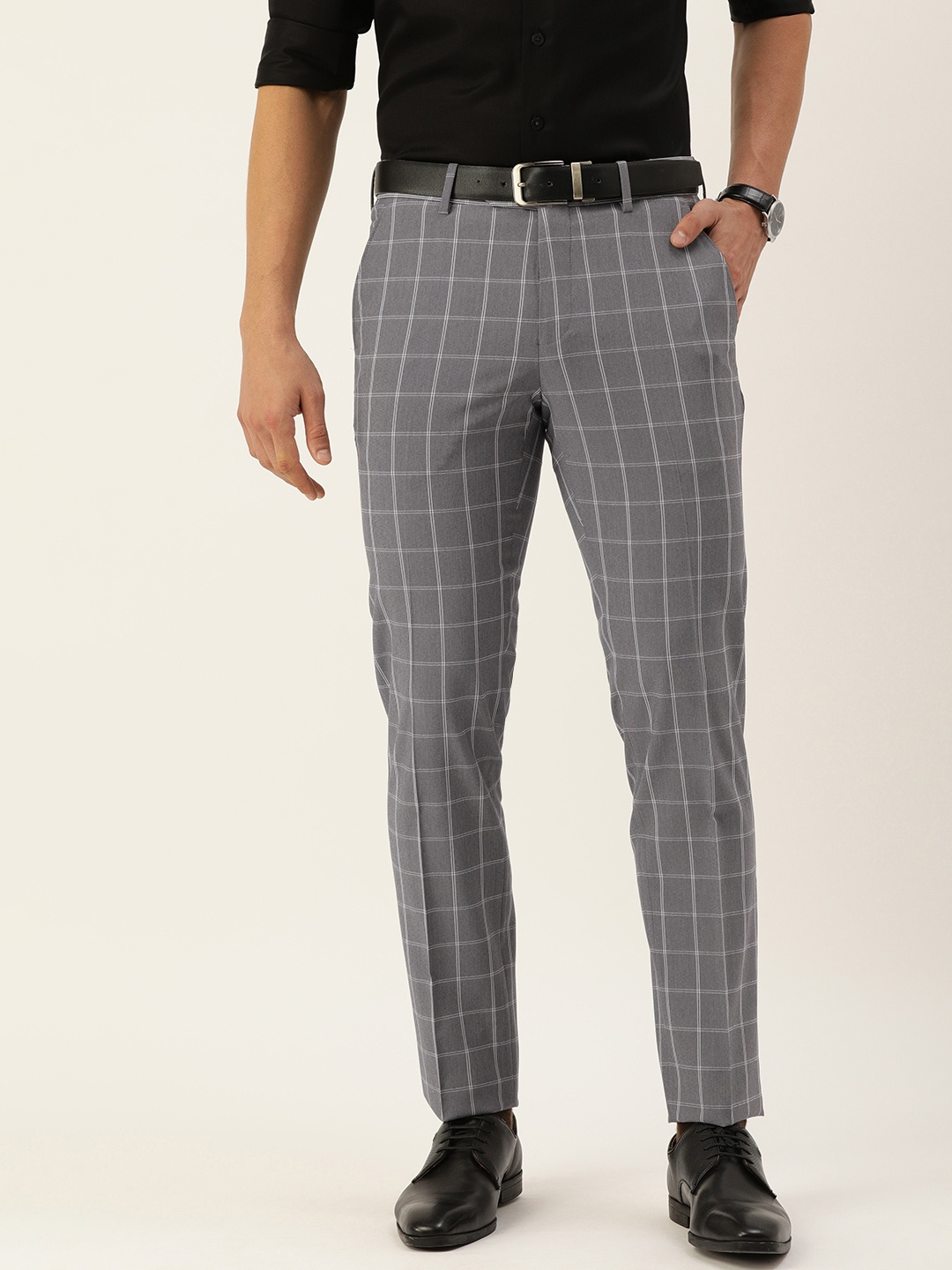 

Peter England Men Grey Checked Slim Fit Trousers
