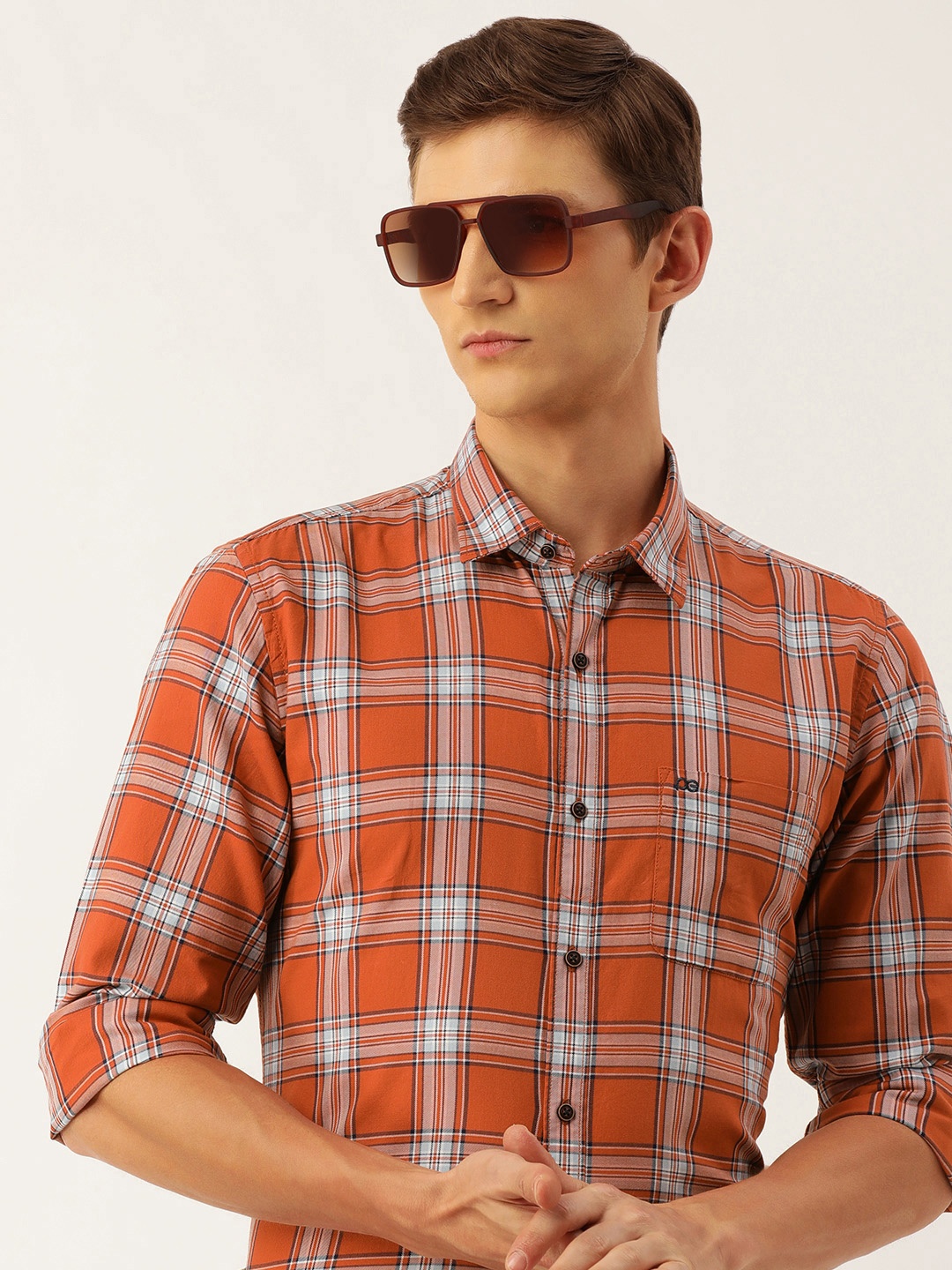 

Peter England Pure Cotton Slim Fit Checked Casual Shirt, Rust