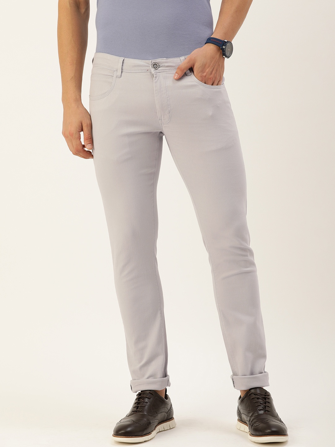 

Peter England Men Grey Solid Mid Rise Skinny Fit Casual Trousers