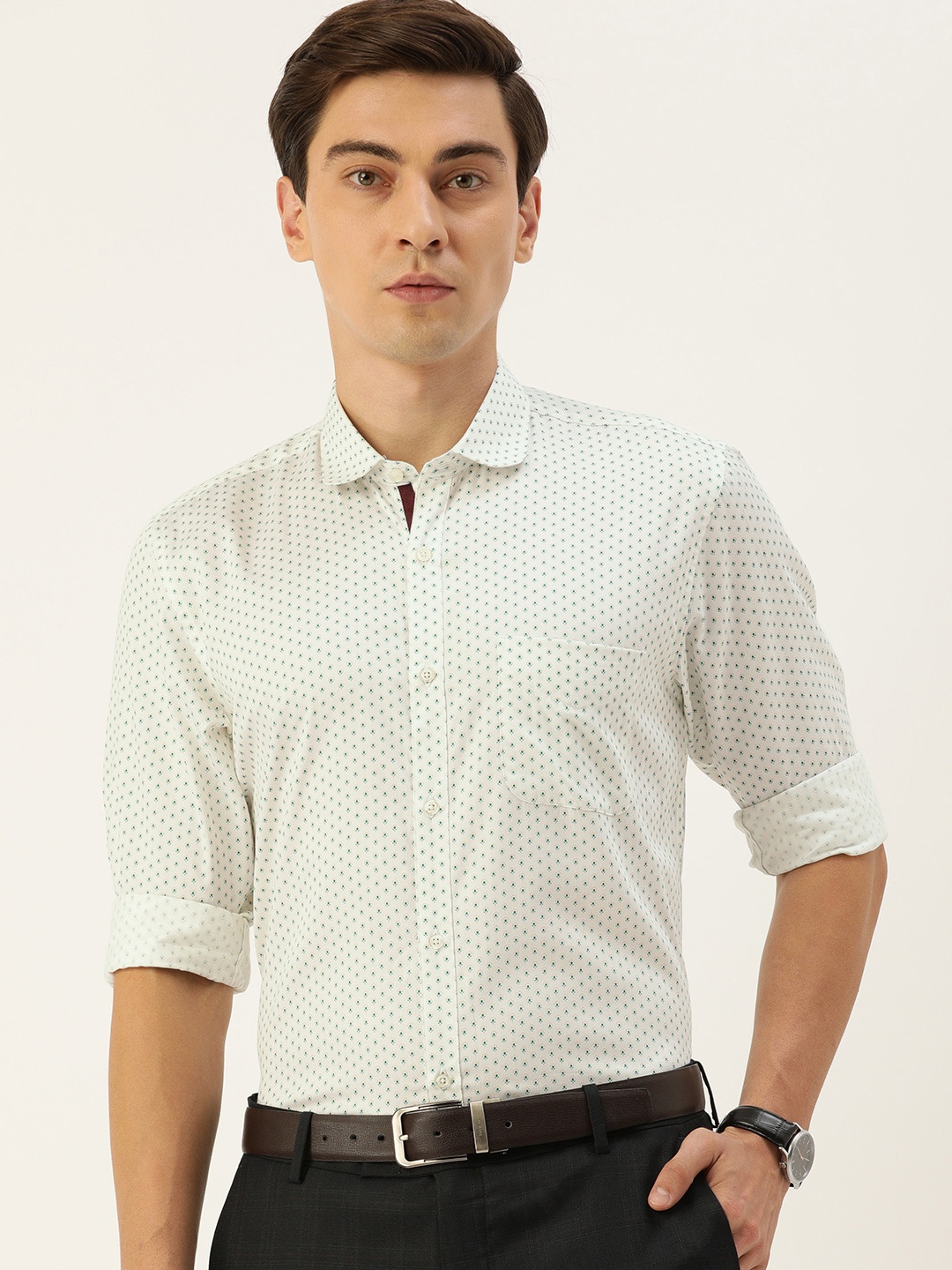 

Peter England Men White & Green Nuvo Slim Fit Floral Printed Pure Cotton Formal Shirt