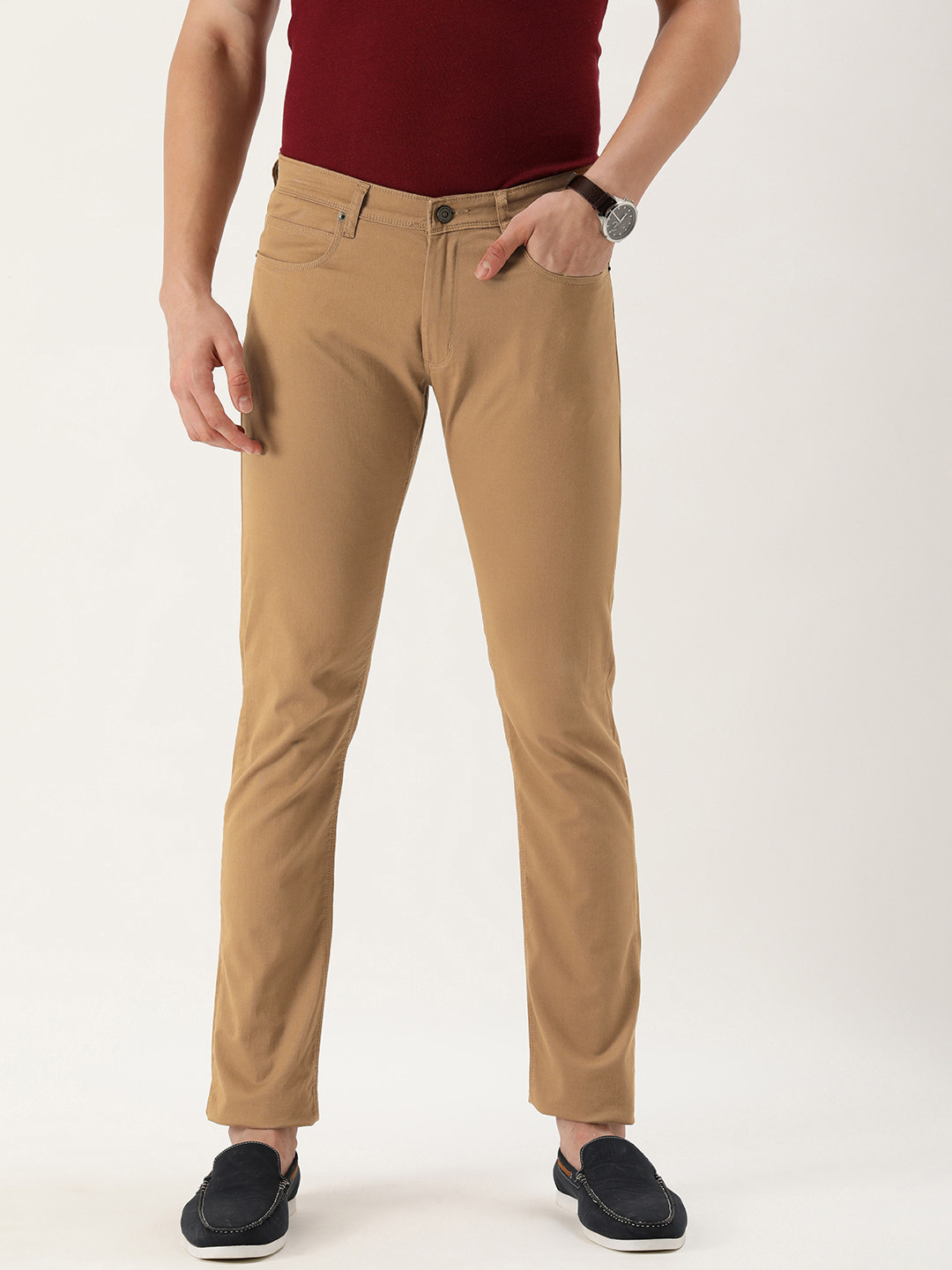 

Peter England Men Khaki Solid Skinny Fit Casual Trousers