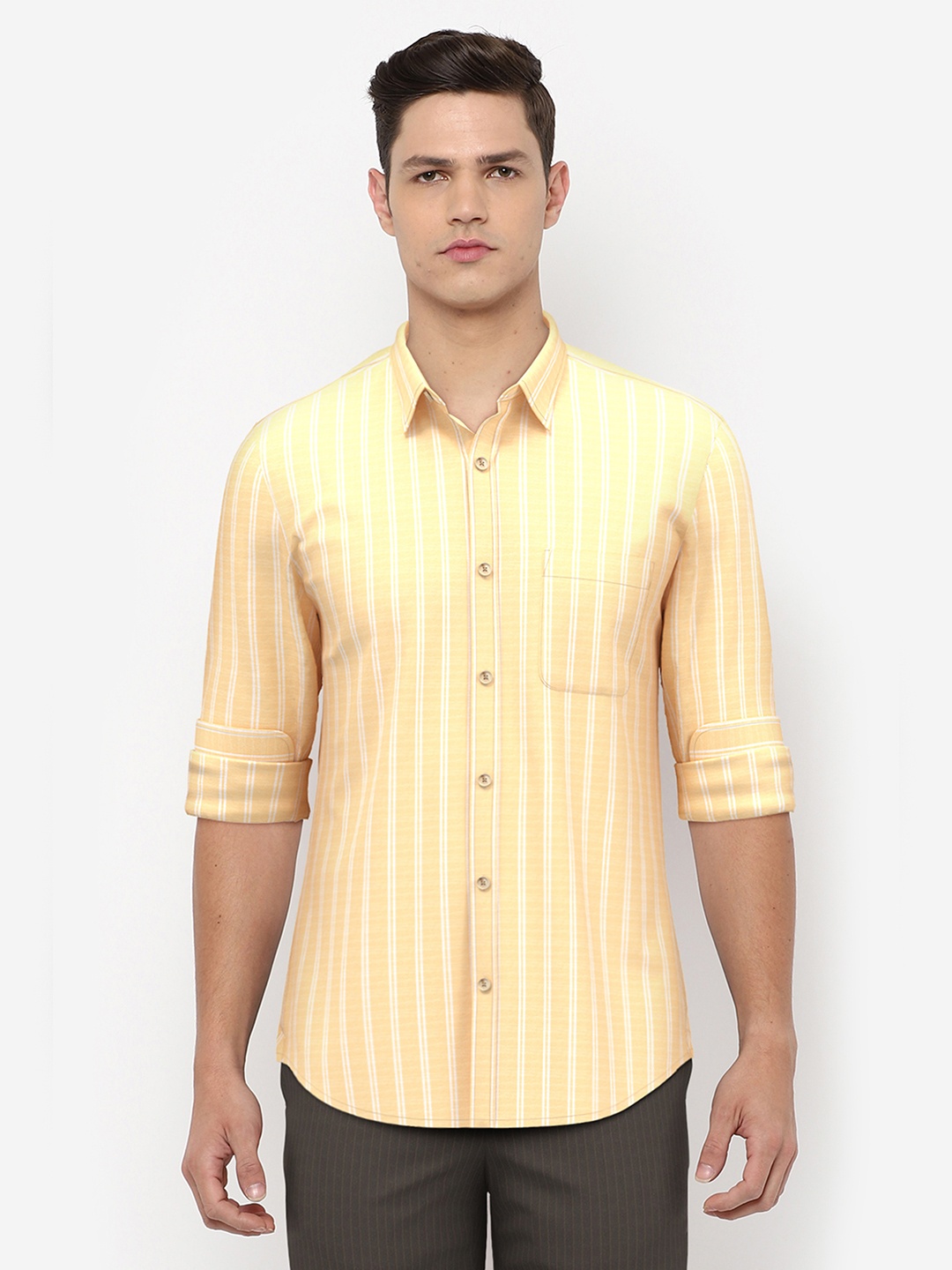

Peter England Men Yellow And White Slim Fit Striped Pure Cotton Casual Shirt