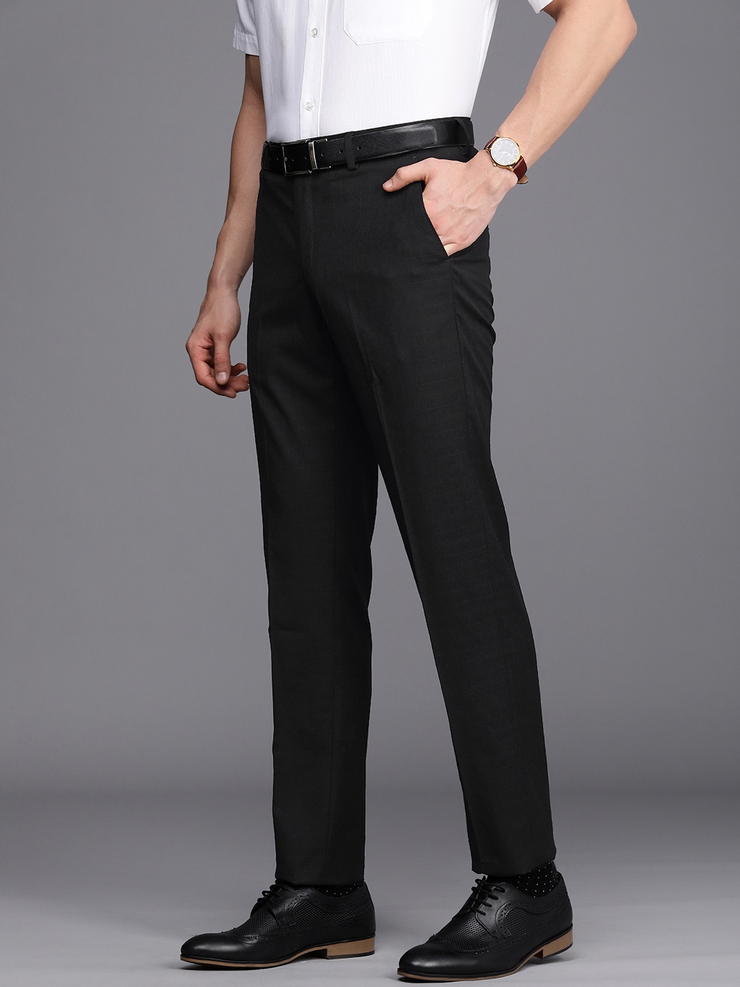 

Peter England Elite Men Black Checked Slim Fit Trousers