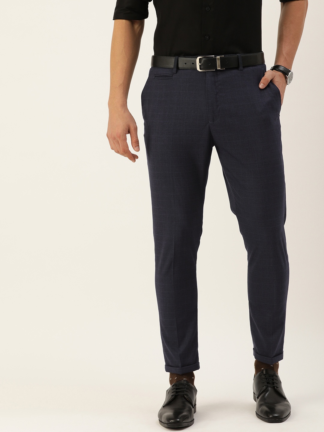 

Peter England Men Navy Blue Neo Fit Checked Formal Trousers