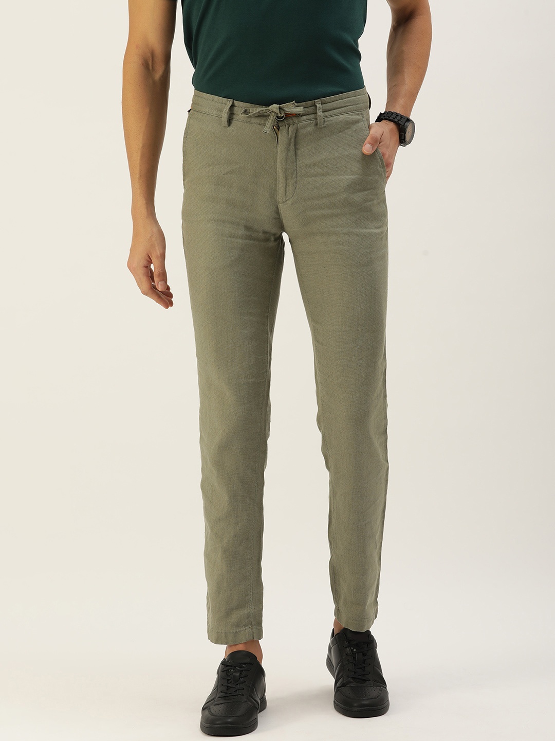 

Peter England Men Olive Green Textured Super Slim Fit Trousers