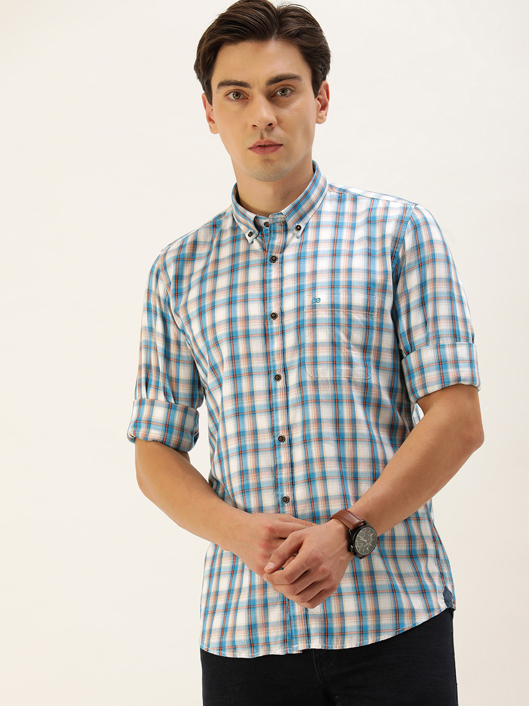 

Peter England Men Blue And White Slim Fit Checked Pure Cotton Casual Shirt