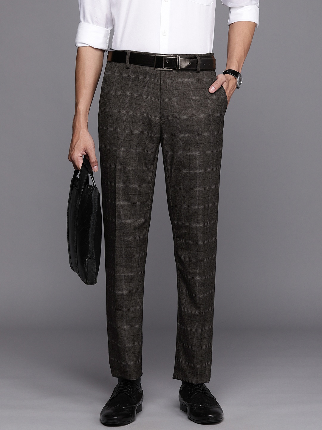 

Peter England Elite Men Charcoal Grey Checked Neo Slim Fit Trousers